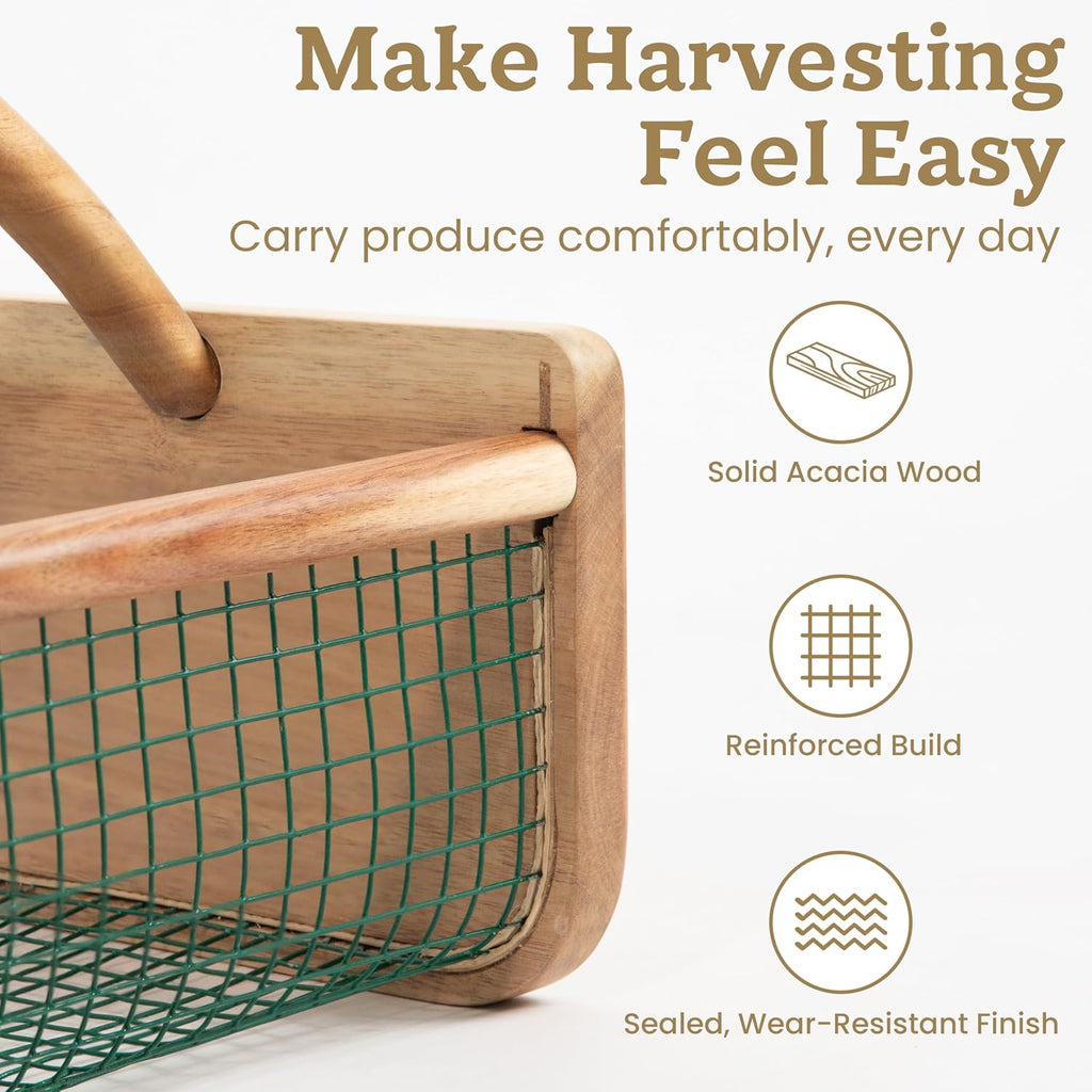 HOMESTEAD Garden Hod Harvest, Durable Acacia Wood Frame with Rotating Handle Basket, Farmhouse Basket for Home