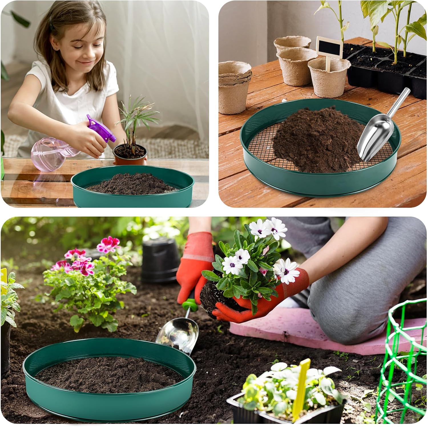 Soil Sifter for Gardening, 12" Green Soil Sifter Potting Sieve with Shovel and 4 Fine Screens for Sand Dirt, Sand