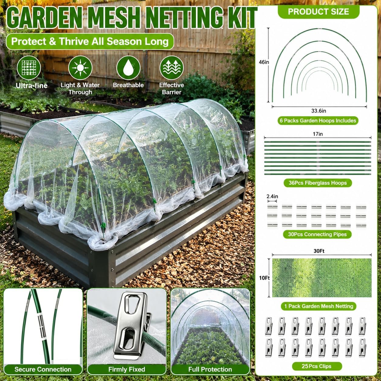 Garden Netting Kit for Raised Beds,10x33ft Ultra Fine Insect Netting Garden Bed Covers & 6 Sets of 8ft Fiberglass
