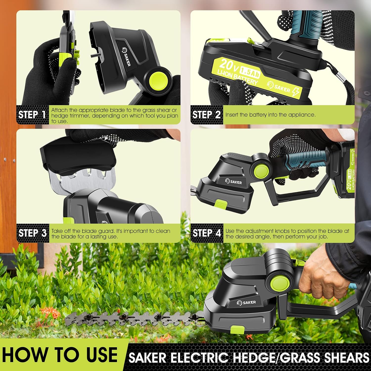 Saker 20V Cordless Hedge Trimmer,2 in 1 Electric Bush Trimmer | Electric Shrub Trimmer Grass Shears , Hedge Shear with