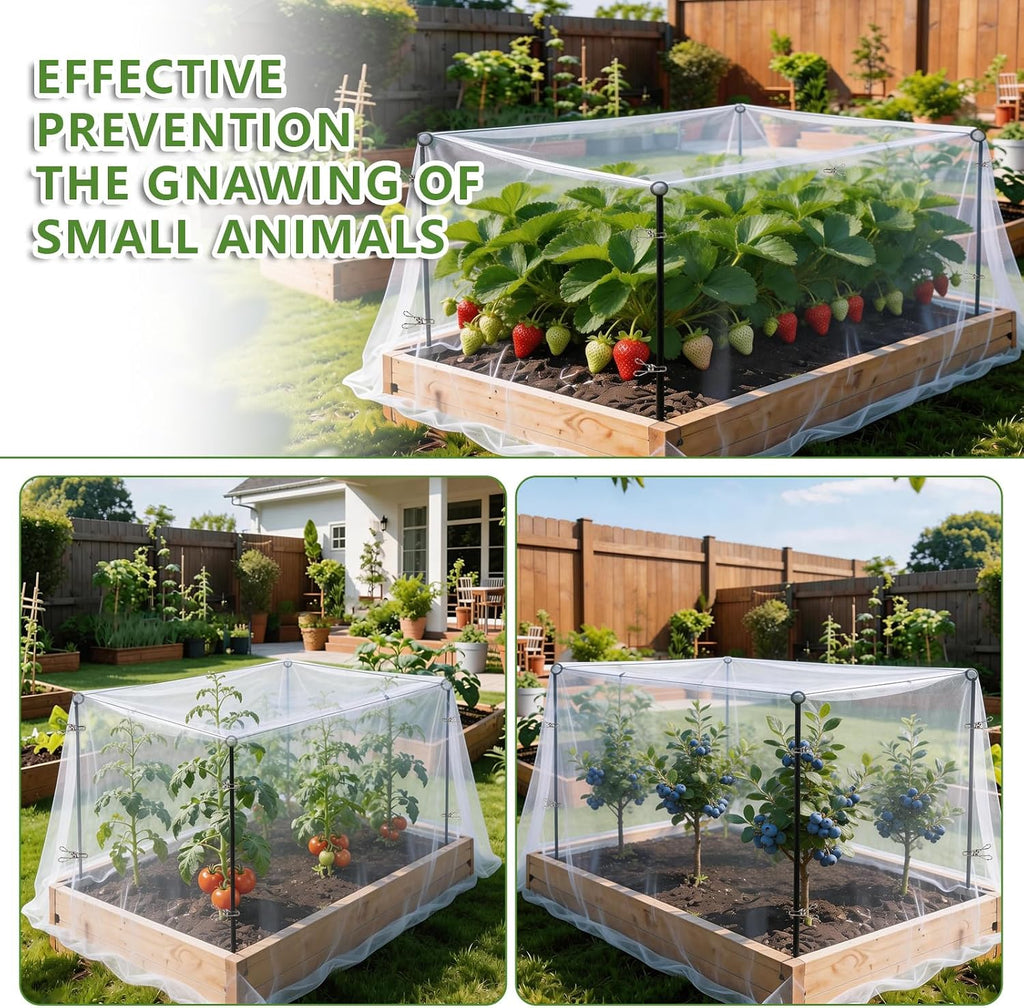 Metal Garden Netting Kit for Raised Beds 10x13FT 100-Mesh Fine Netting with 6 Sets 2.6FT Metal Stakes and Ropes Insect