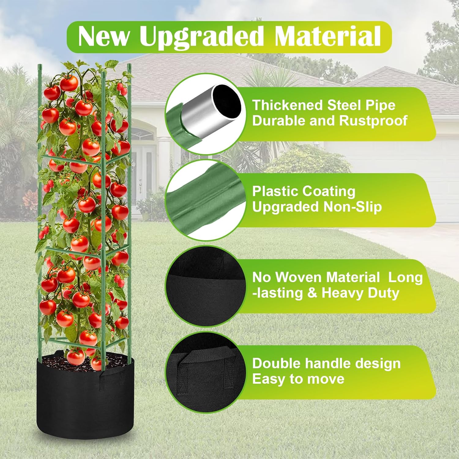4 Pack Tomato Cages 55 x 12 Inch for Garden with 11 Gallon Round Planter | Pots Grow Bags with Heavy Duty Triangle