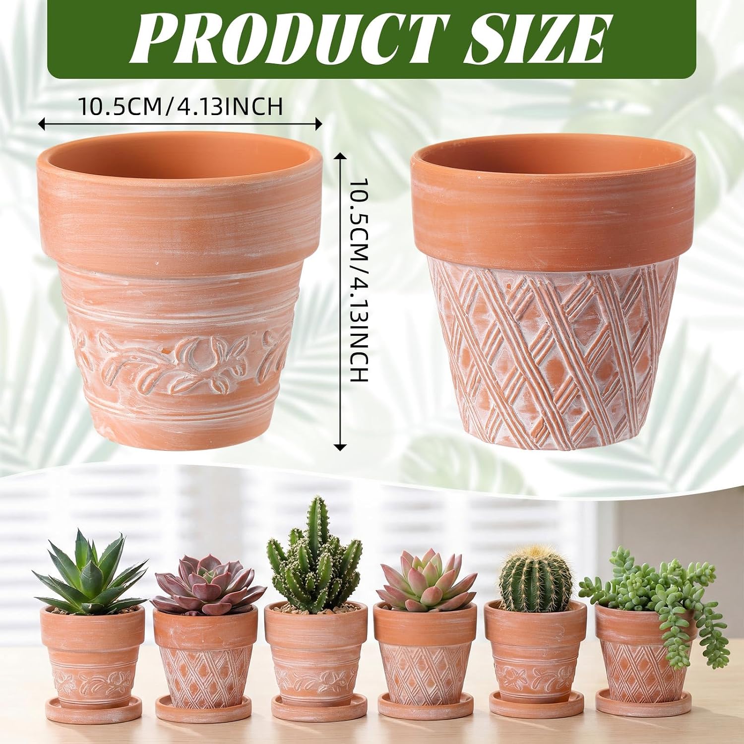 Set of 6 Embossed Succulent Pots 4" Small Terracotta Pots with Drainage Hole Saucer Mini Rustic Clay Succulent Planter