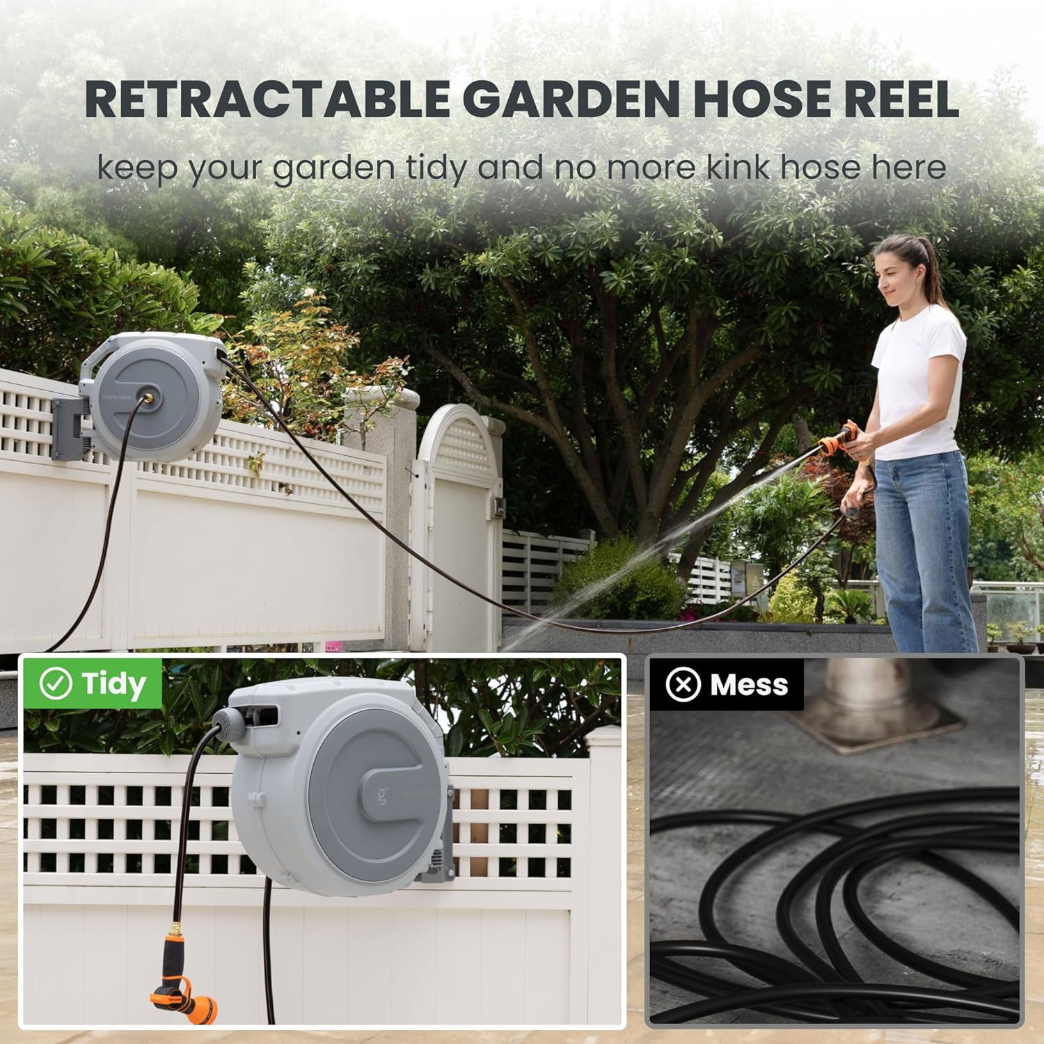 Giraffe Tools Retractable Garden Hose Reel 1/2"130FT Wall Mount Light Grey | Any Length Lock,Auto Rewind System,180°