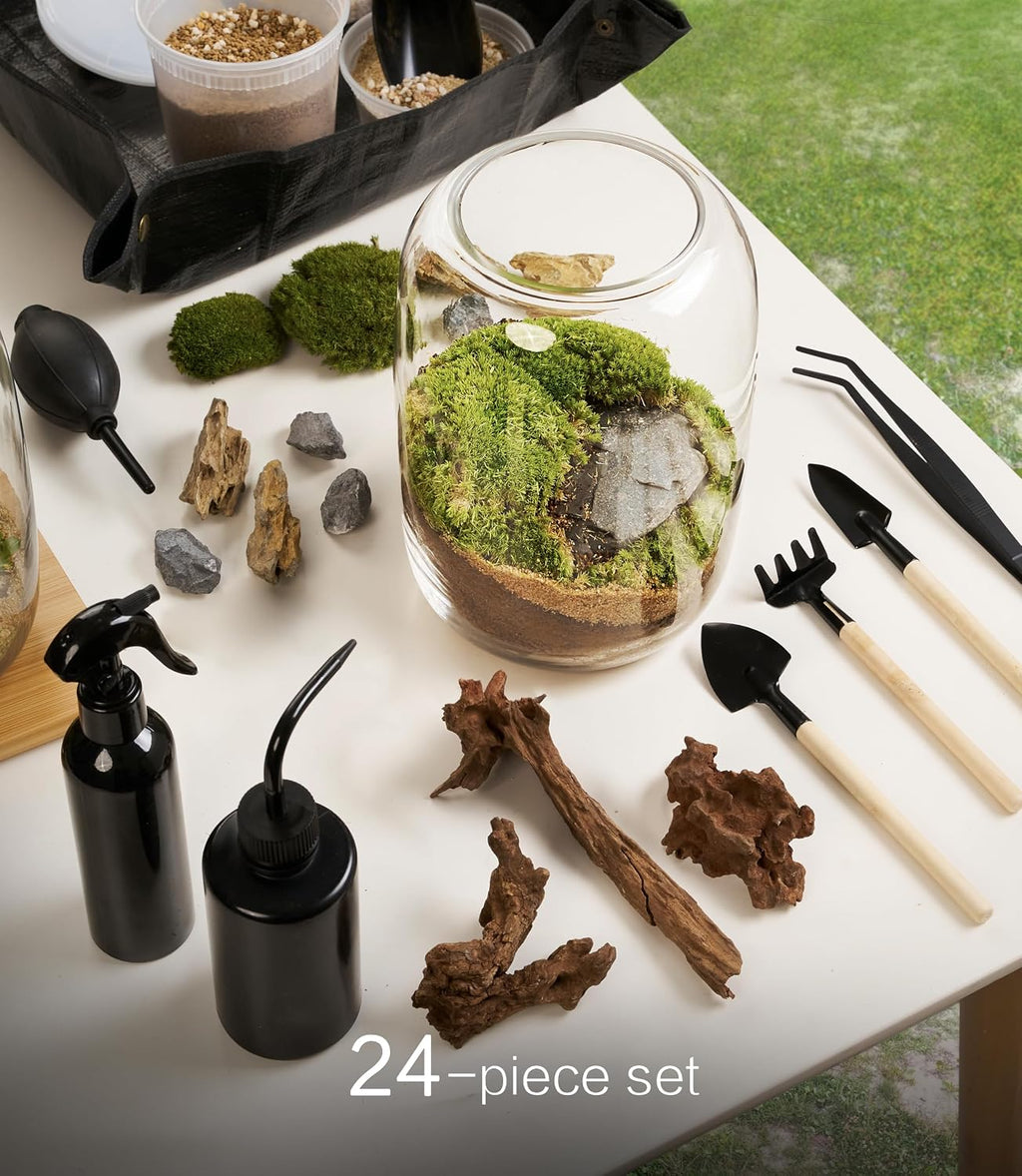 Premium Terrarium Kit with Live Moss, 24-Piece Glass Set | Complete DIY Kit, Grow Light, Beginner Friendly, Natural