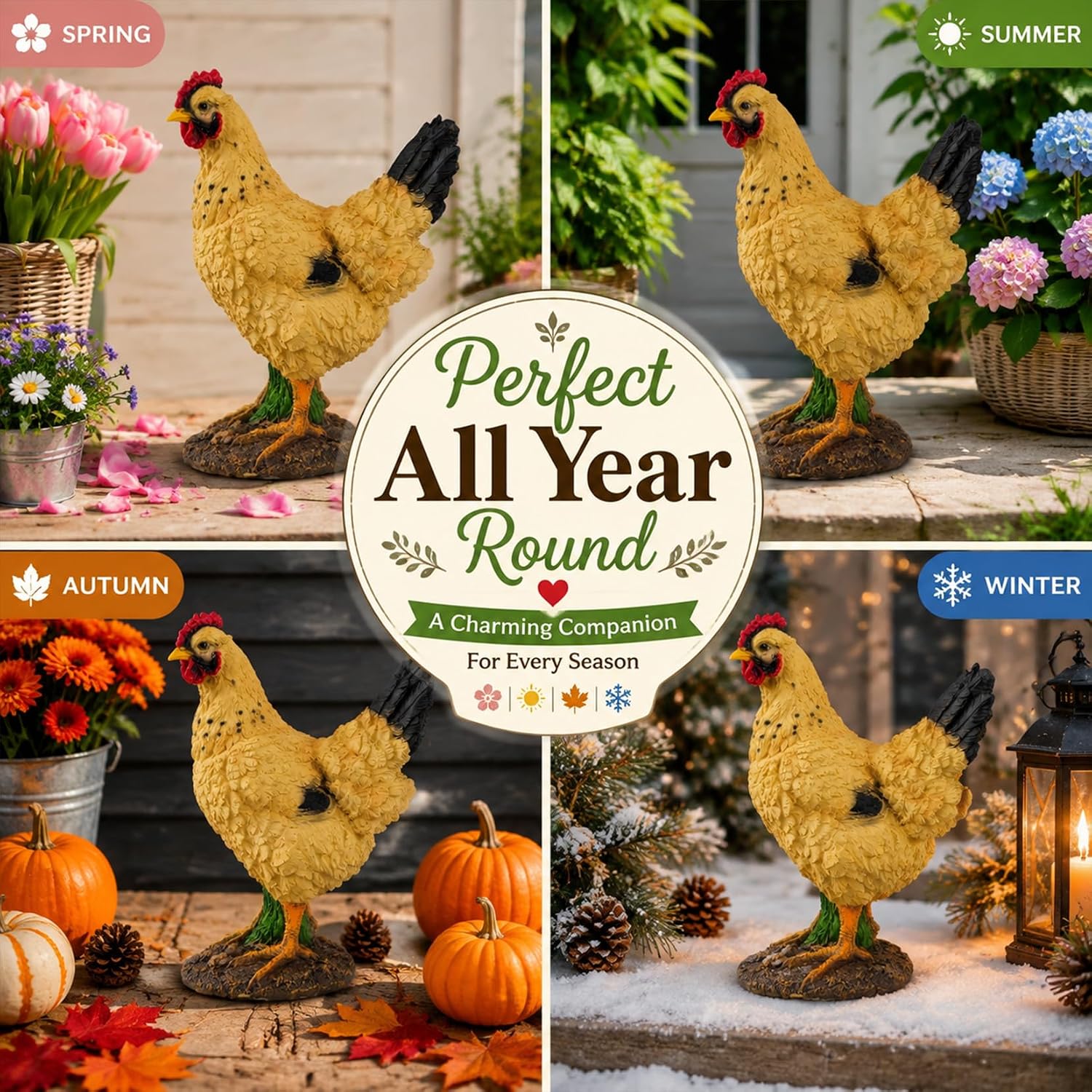 Outdoor Yellow Hen Statue for Garden, Yard & Flower Bed Decor | Weather-Resistant Resin, Chicken Figurine Adds