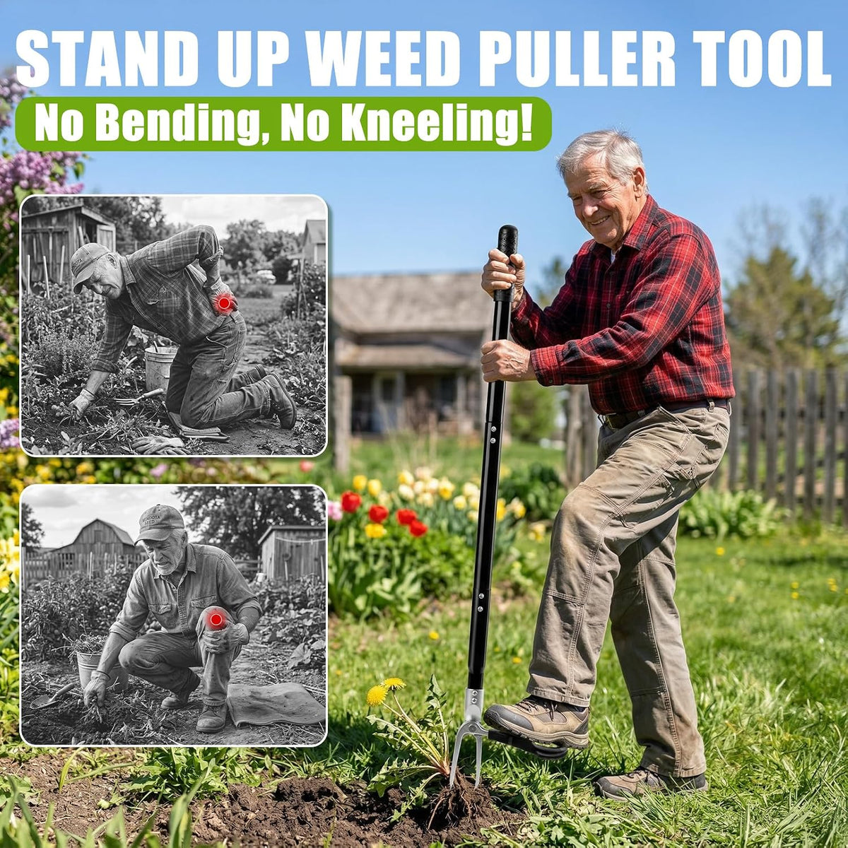 Stand Up Weed Puller Tool, 4-Claw Steel Head Heavy Duty Weeder, Adjustable Long Handle Garden Weeding Tool for