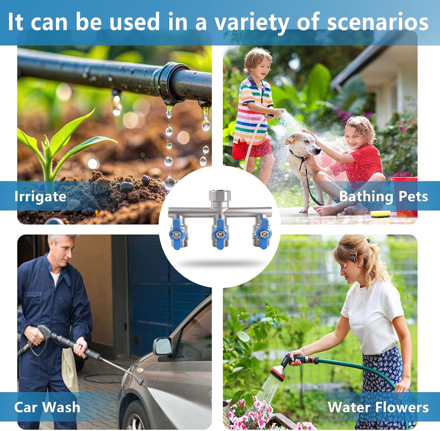 304 Stainless Steel Garden Hose Splitter 3 Way Heavy Duty, Full Flow T Valve Water Hose Splitter With 2.1" Extra Long