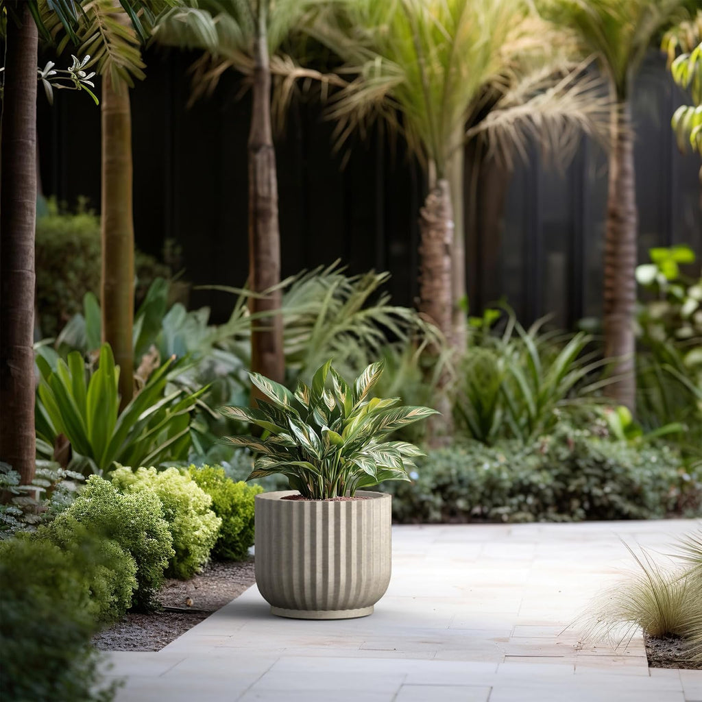 Kante Accent Round Pedestal Weathered Concrete Planter 14" Dia, Outdoor | Fluted, Rubber Plug for Indoor, Drainage for