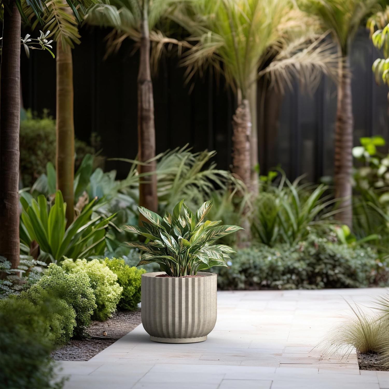 Kante Accent Round Pedestal Weathered Concrete Planter 14" Dia, Outdoor | Fluted, Rubber Plug for Indoor, Drainage for