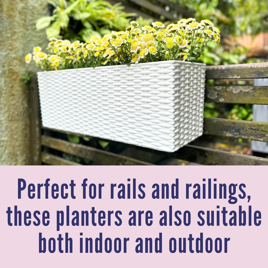 LaLaGreen Deck Railing Planter Box (20 Inch, 4 Pack) White Rectangular Window Flower Boxes with Bracket, Self Watering