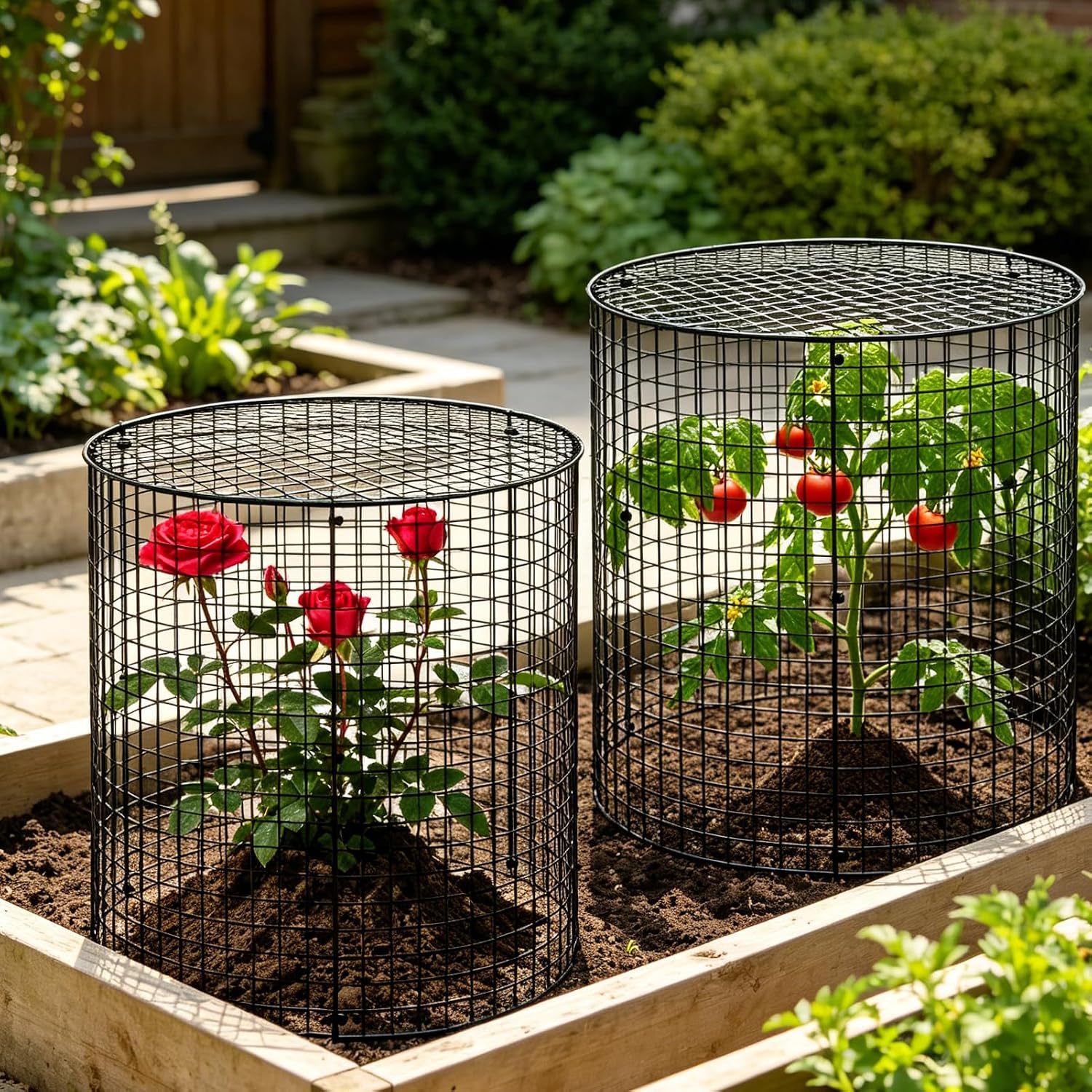 5 Sets of 12'' x 12'' Plant Protectors Cages from Animals with Covers - For Outdoor Plants Metal Plant Cage Chicken