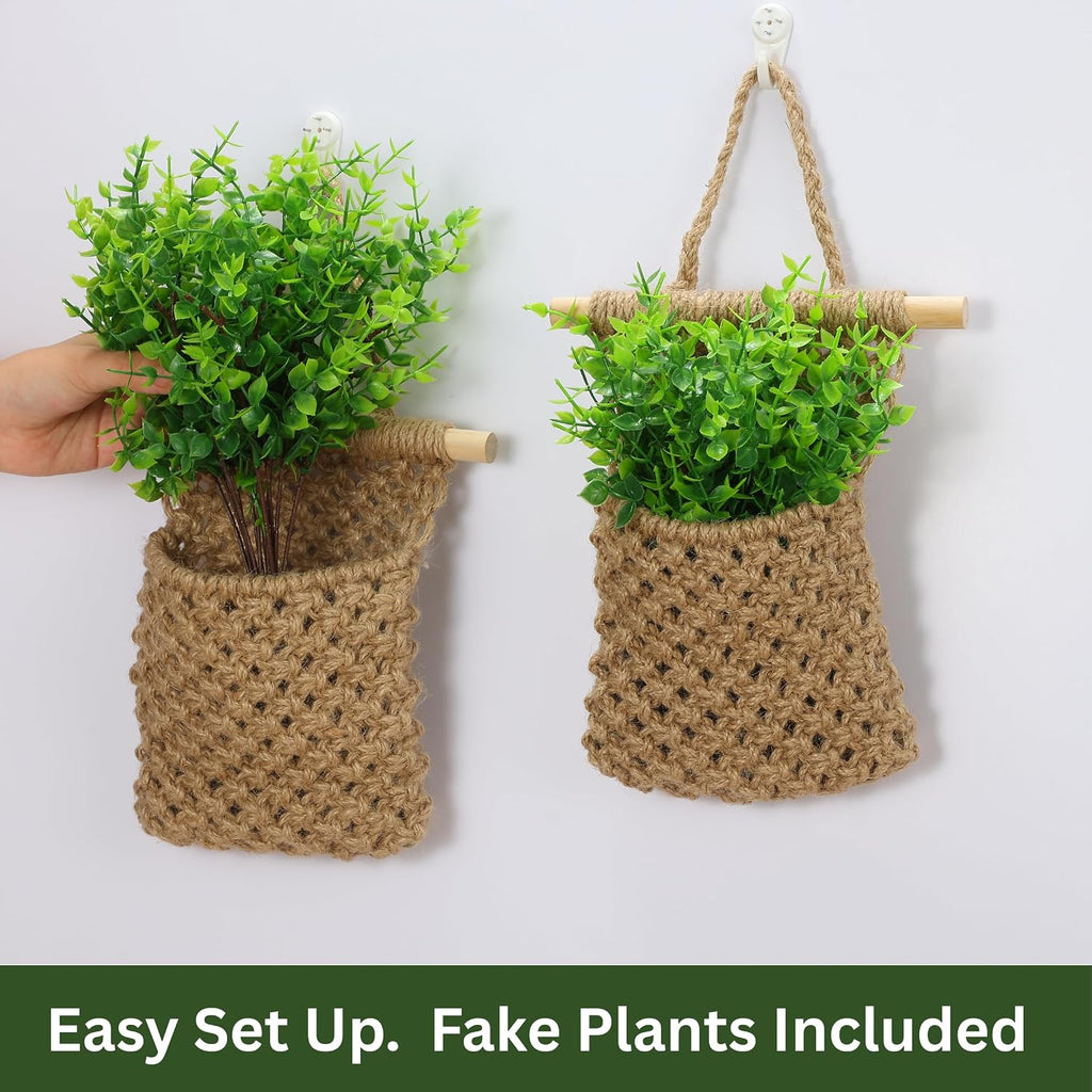 2 Packs Macrame Wall Planters with Faux Eucalyptus, Wall Decor | Hanging basket for wall plant, Wall Plant Holder, Wall