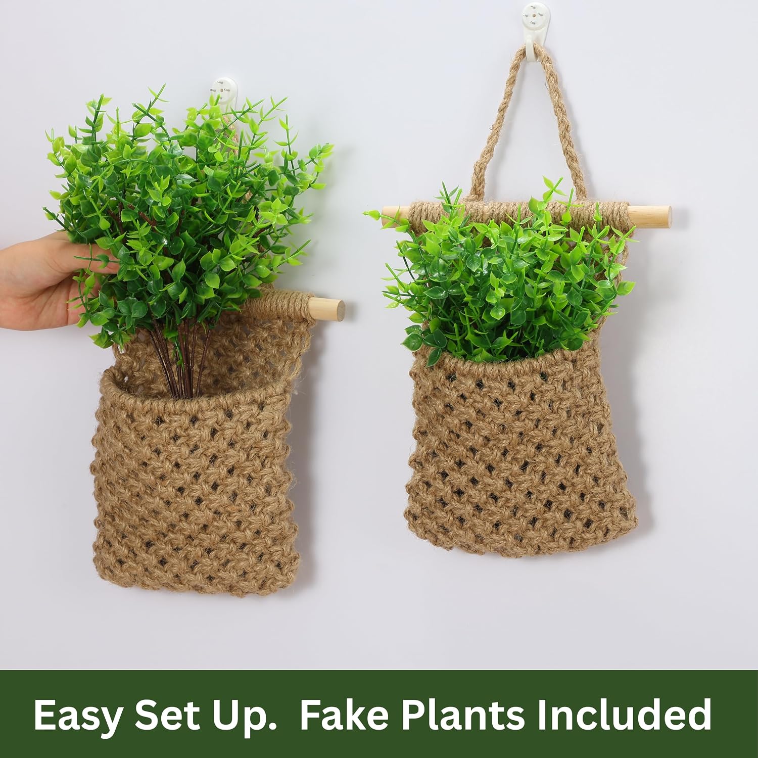 2 Packs Macrame Wall Planters with Faux Eucalyptus, Wall Decor | Hanging basket for wall plant, Wall Plant Holder, Wall