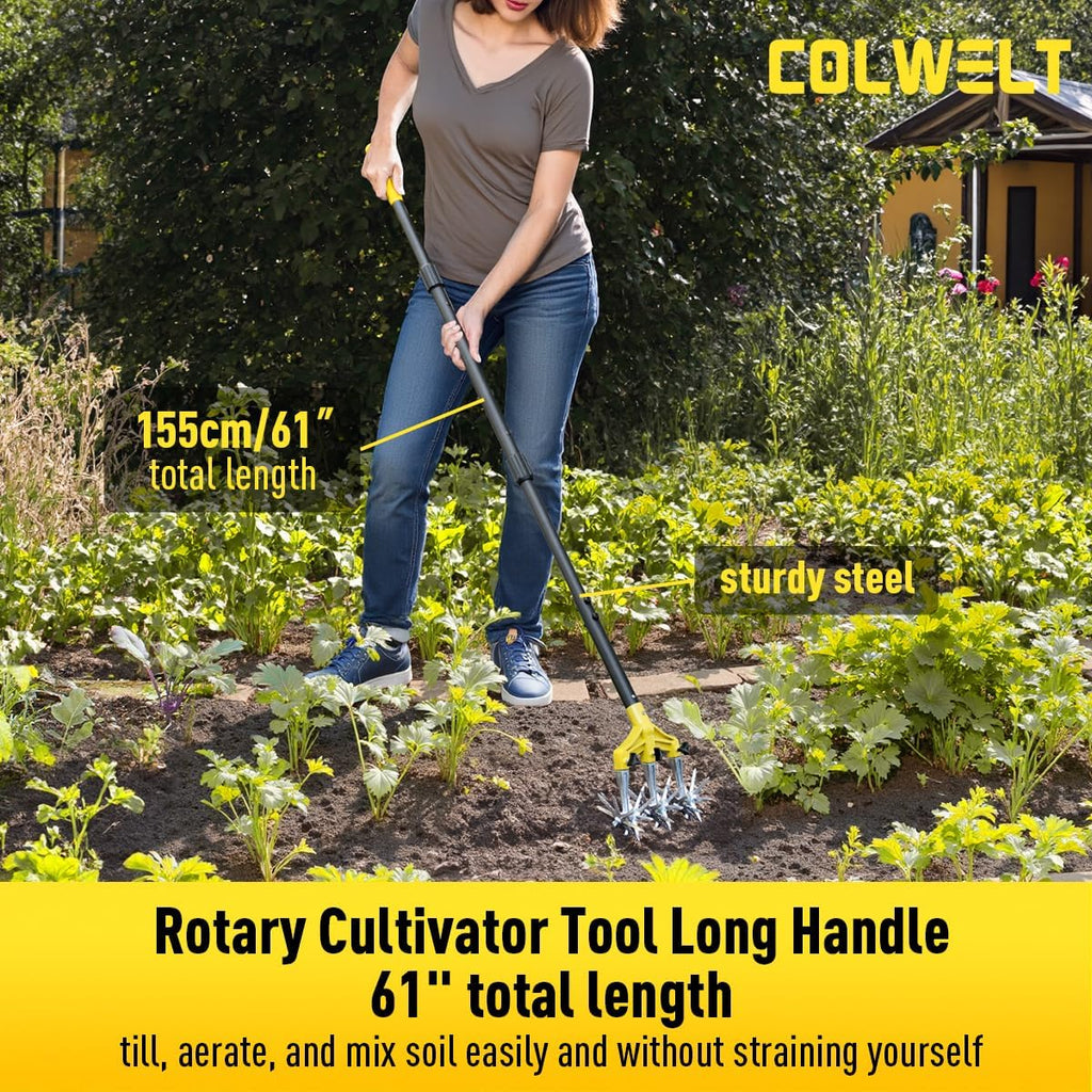 Rotary Cultivator Garden Tool 61’’, Hand Tiller Garden Tool with Detachable Aluminum Tines, Cultivators for Gardening