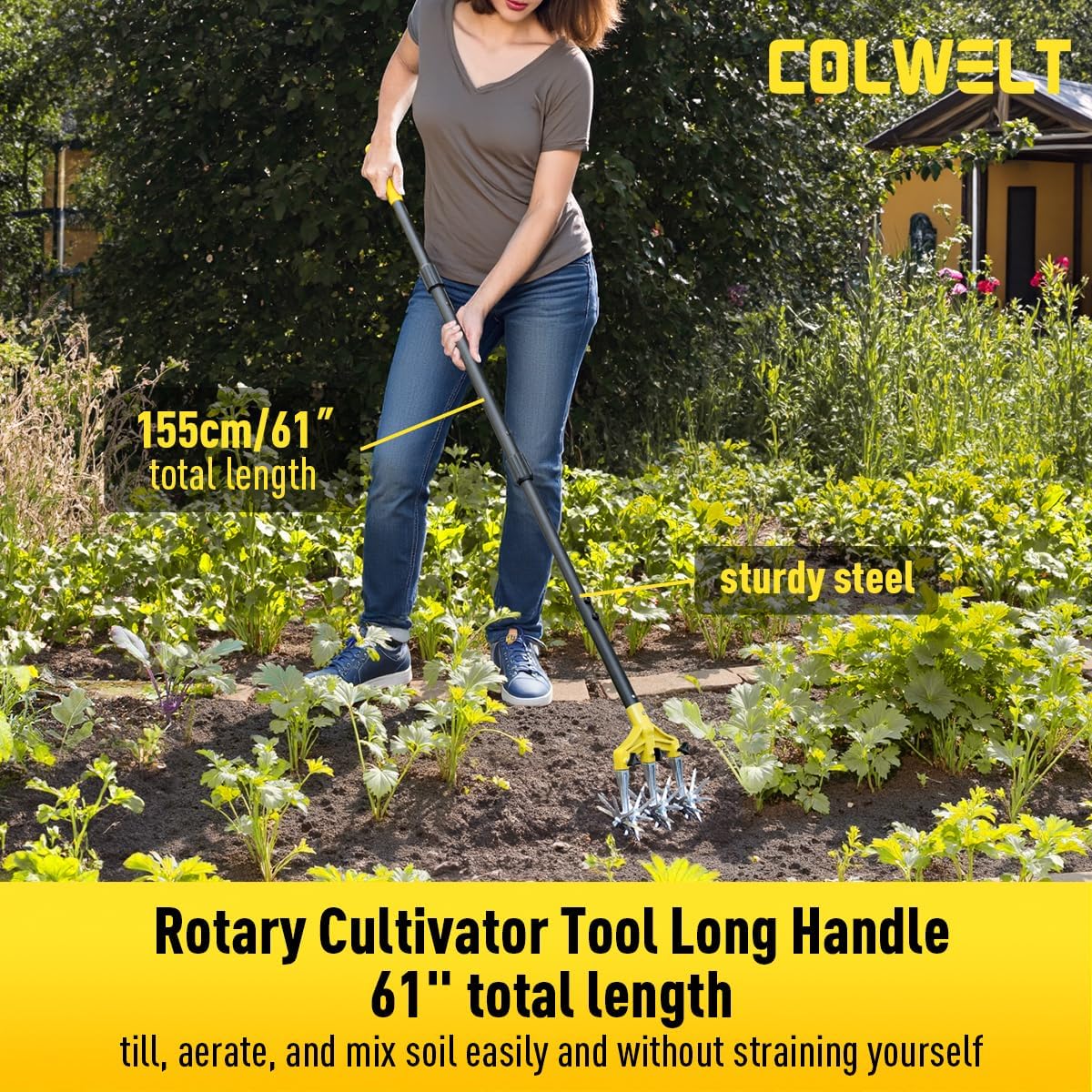 Rotary Cultivator Garden Tool 61’’, Hand Tiller Garden Tool with Detachable Aluminum Tines, Cultivators for Gardening