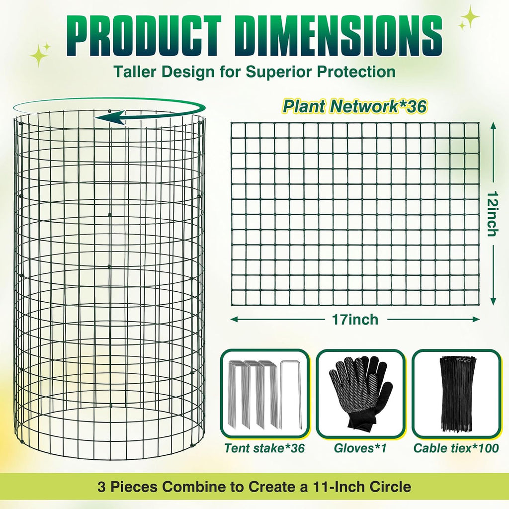 12 Pack 17" x 12" Tall Round Plant Cage - 36PCS Plant Support Cage Metal Wire Mesh Plant Protector for Outdoor