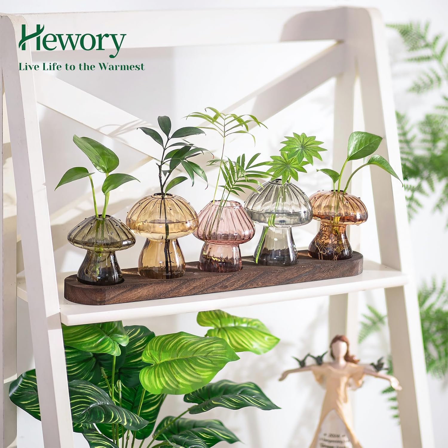 Hewory Plant Propagation Stations: 5PCS Amber Mushroom Vase with Wood Tray | Gifts for Plant Lovers, Mother