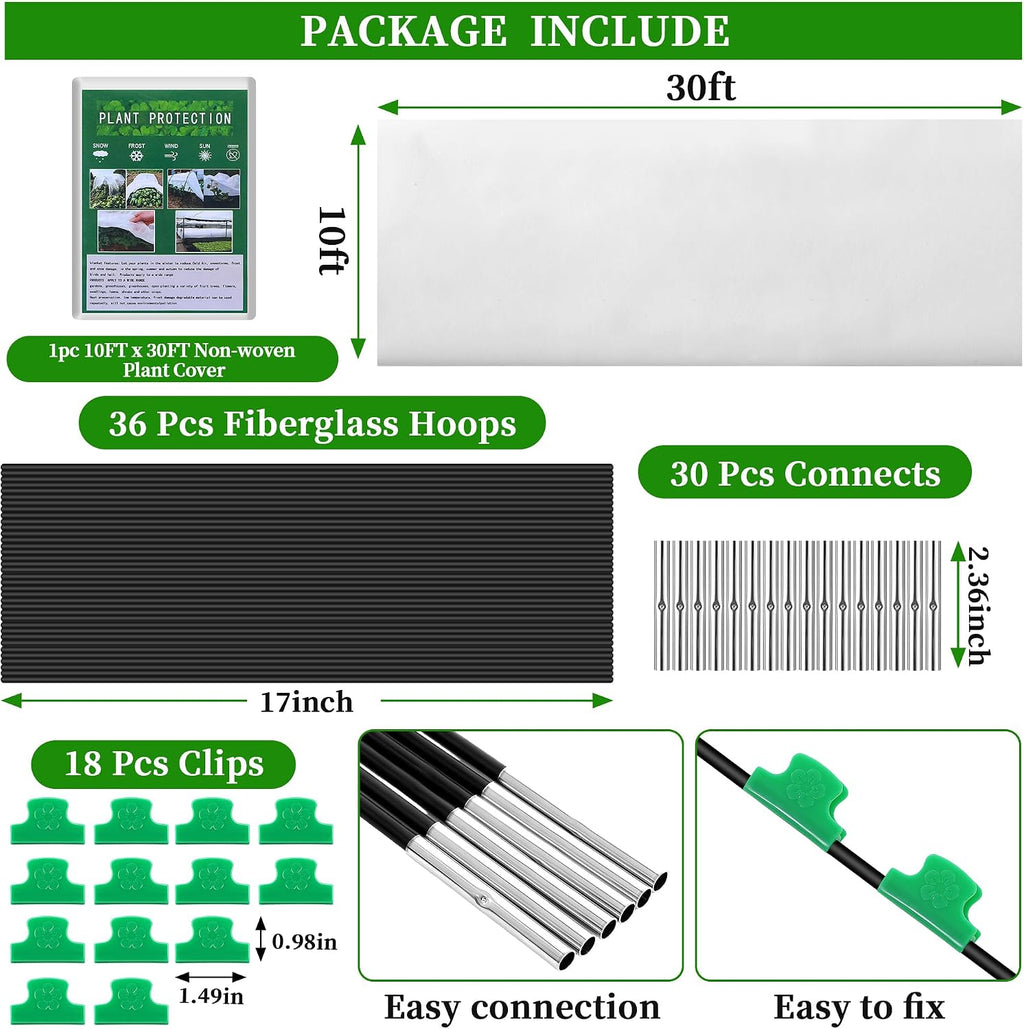 Plant Covers Freeze Protection Kit, 10 x 30 FT 1.23 Oz/yd² Frost Blanket Garden Hoops Kit for Winter, 36 Hoop, Reusable