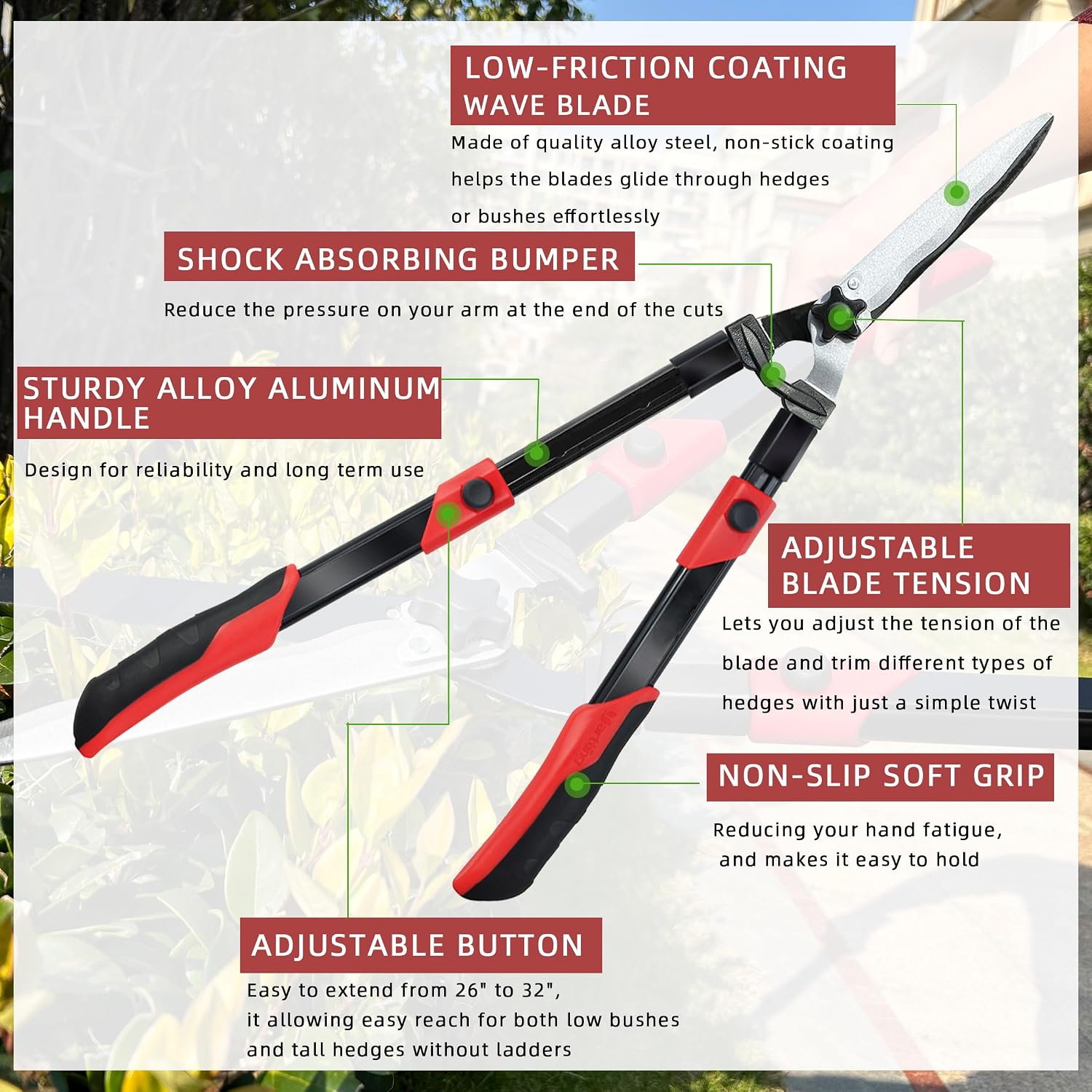 YRTSH Hedge Shears, Extendable 26"-32" Hedge Clippers with Sharp Wavy Blade | Manual Hedge Shears for Trimming Borders