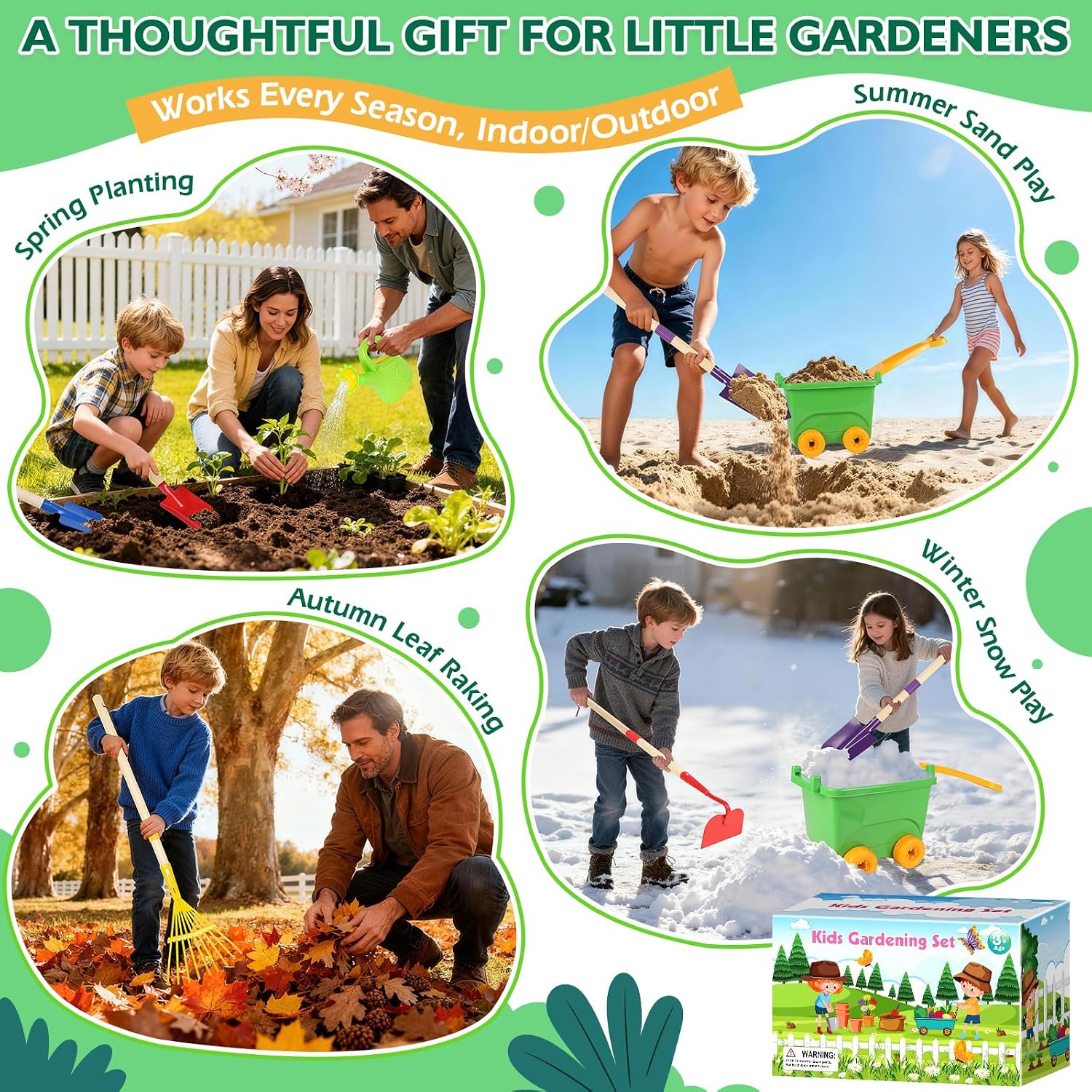FHOZGECY Kids Gardening Set with Wheelbarrow and Metal Tools for Ages 3-8 | Dual-Size Metal Garden Tools, Apron