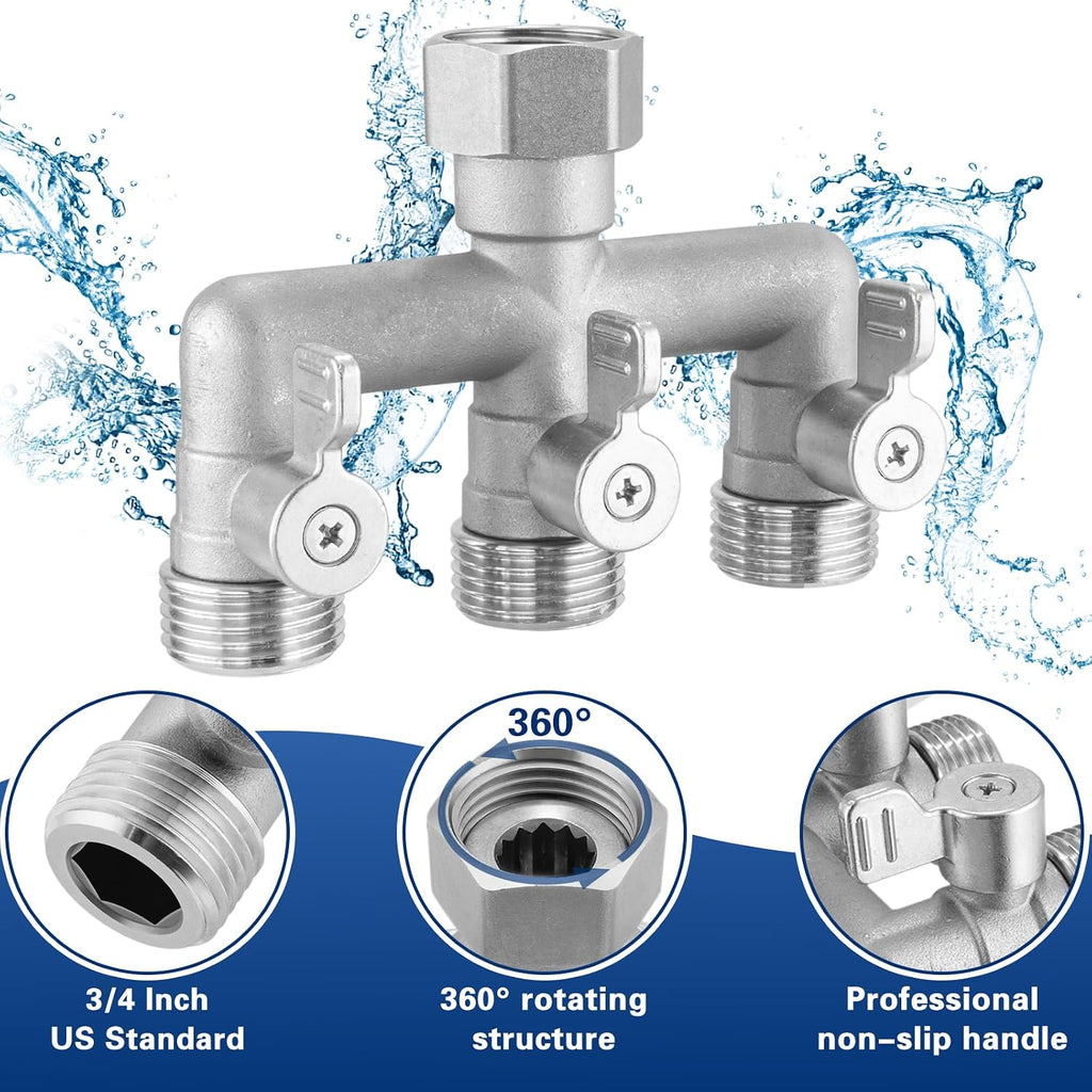 304 Stainless Steel 3 Way Garden Hose Splitter, Heavy Duty Hose Bib Splitter with 3 Shut Off Valves, High Flow Outdoor