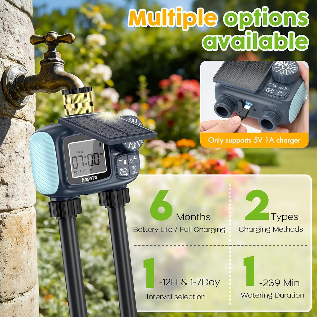 Solar Sprinkler Timer,2 Zone Brass Inlet Water Timer for Garden Hose | Programmable Intelligent Automatic Plant