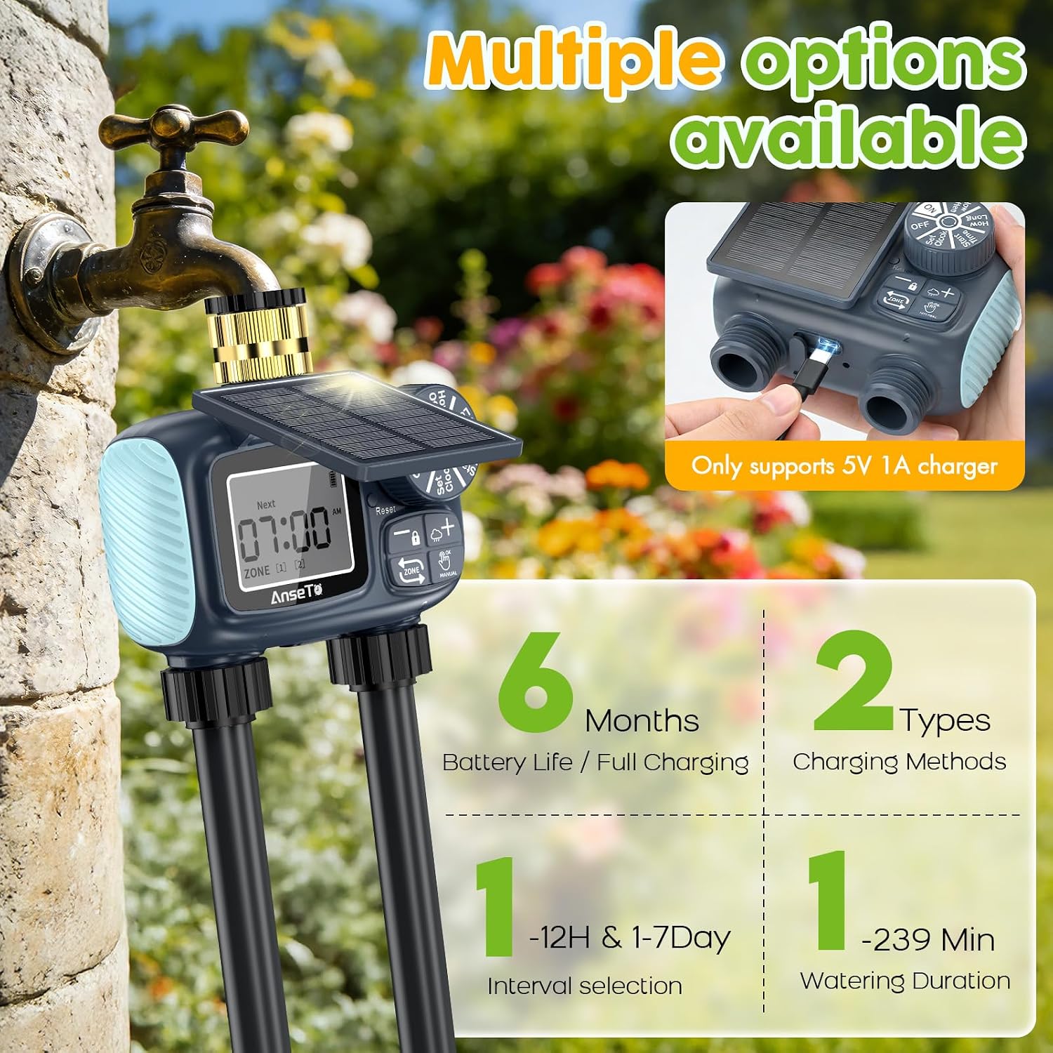 Solar Sprinkler Timer,2 Zone Brass Inlet Water Timer for Garden Hose | Programmable Intelligent Automatic Plant