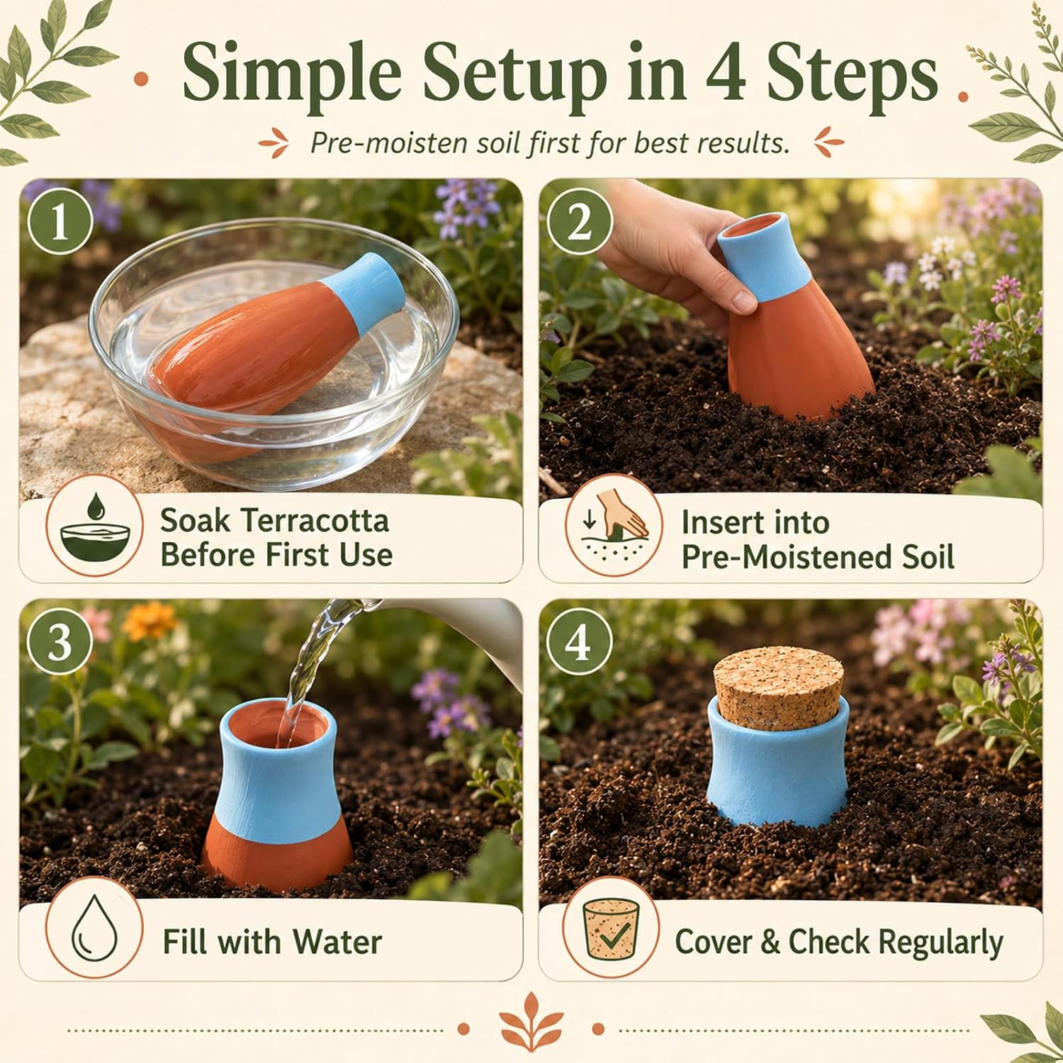 4 Pack Terracotta Olla Self Watering Globes, Clay Slow Release Plant Watering Devices – Self Watering Planter Insert
