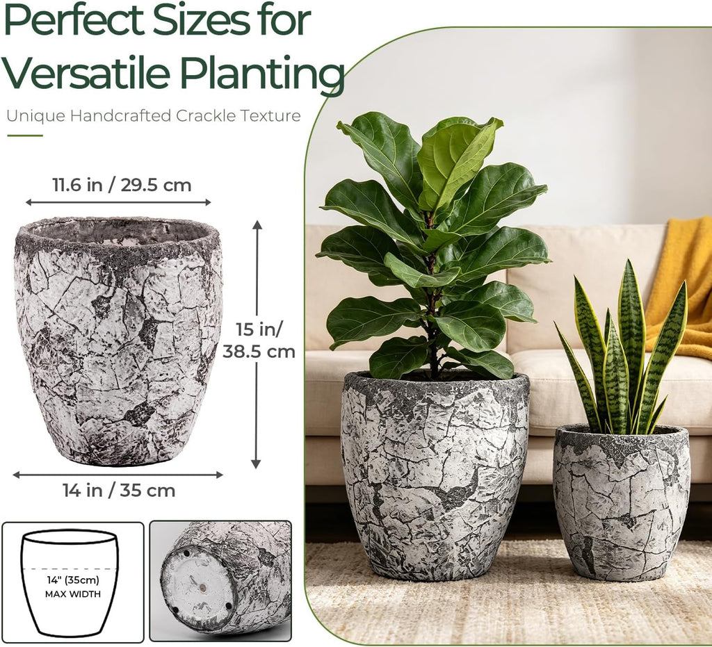 15" H x 11.6" Dia Fiberstone Planter Pot with Drainage Hole, Distressed Black & Gray Decorative Flower Pot for Indoor