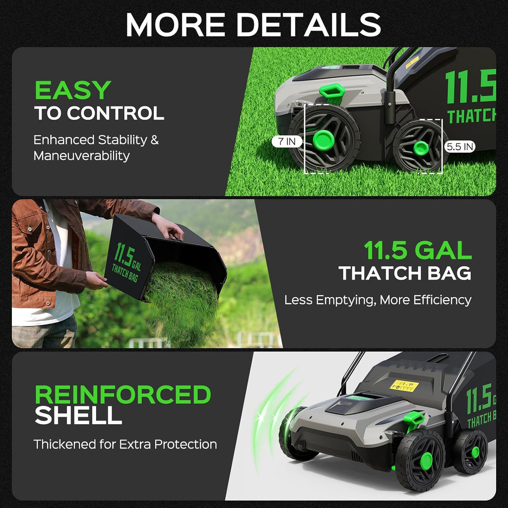 TIECTOWN 14-Inch 13.5 Amp 2-in-1 Electric Dethatcher and Scarifier with 11.5-Gallon Collection Bag, Lawn Dethatcher