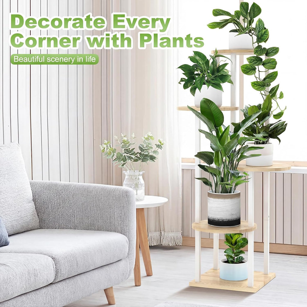 5 Tier Wood Tall Plant Stand Metal Rack Indoor, Multiple Flower Pot Holder Shelves Corner Rack, Round Planter Shelf