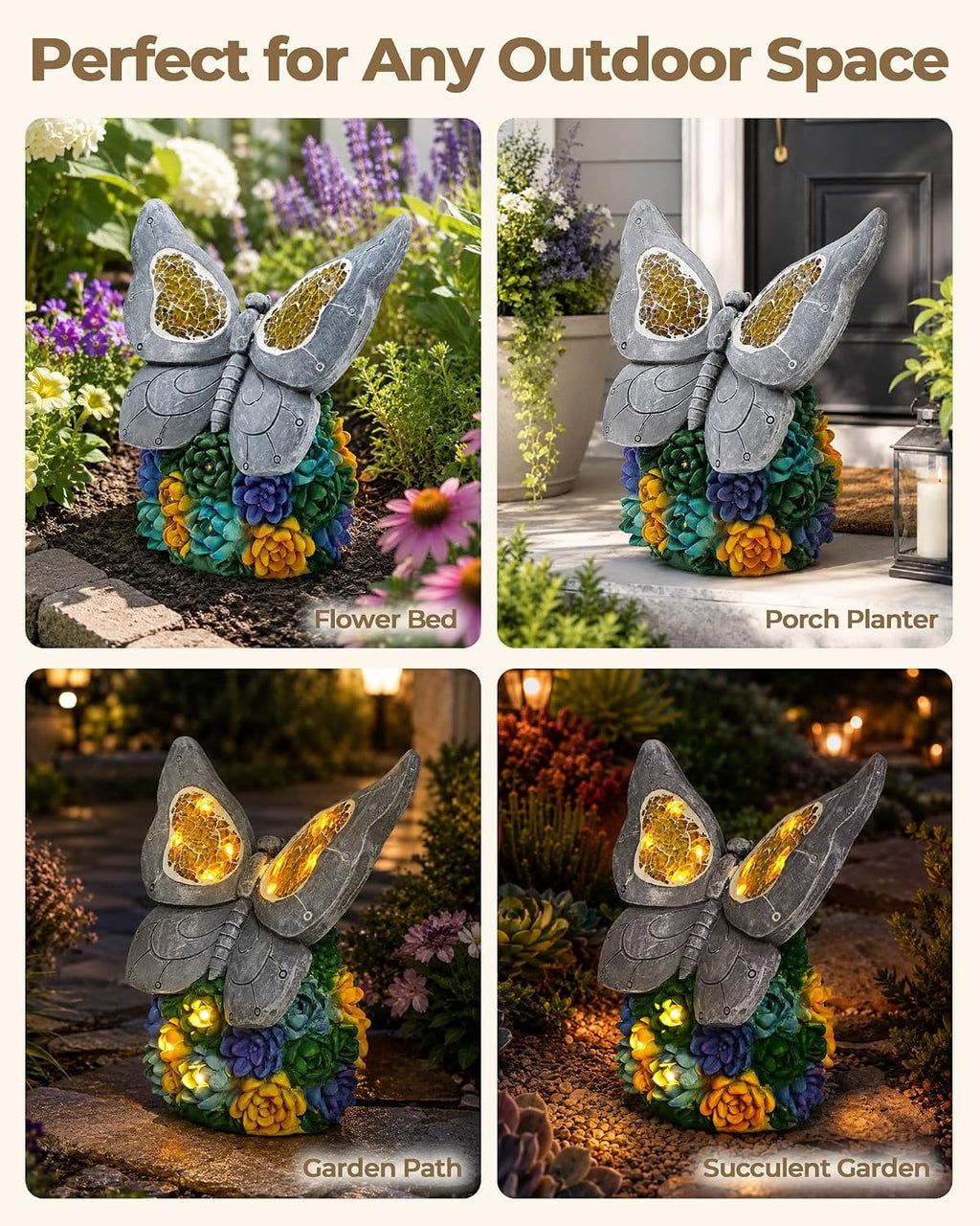 Solar Butterfly Garden Statue, Resin LED Outdoor Decor | Crackled Glass Wings, Succulent Base, Hand-Painted Detail