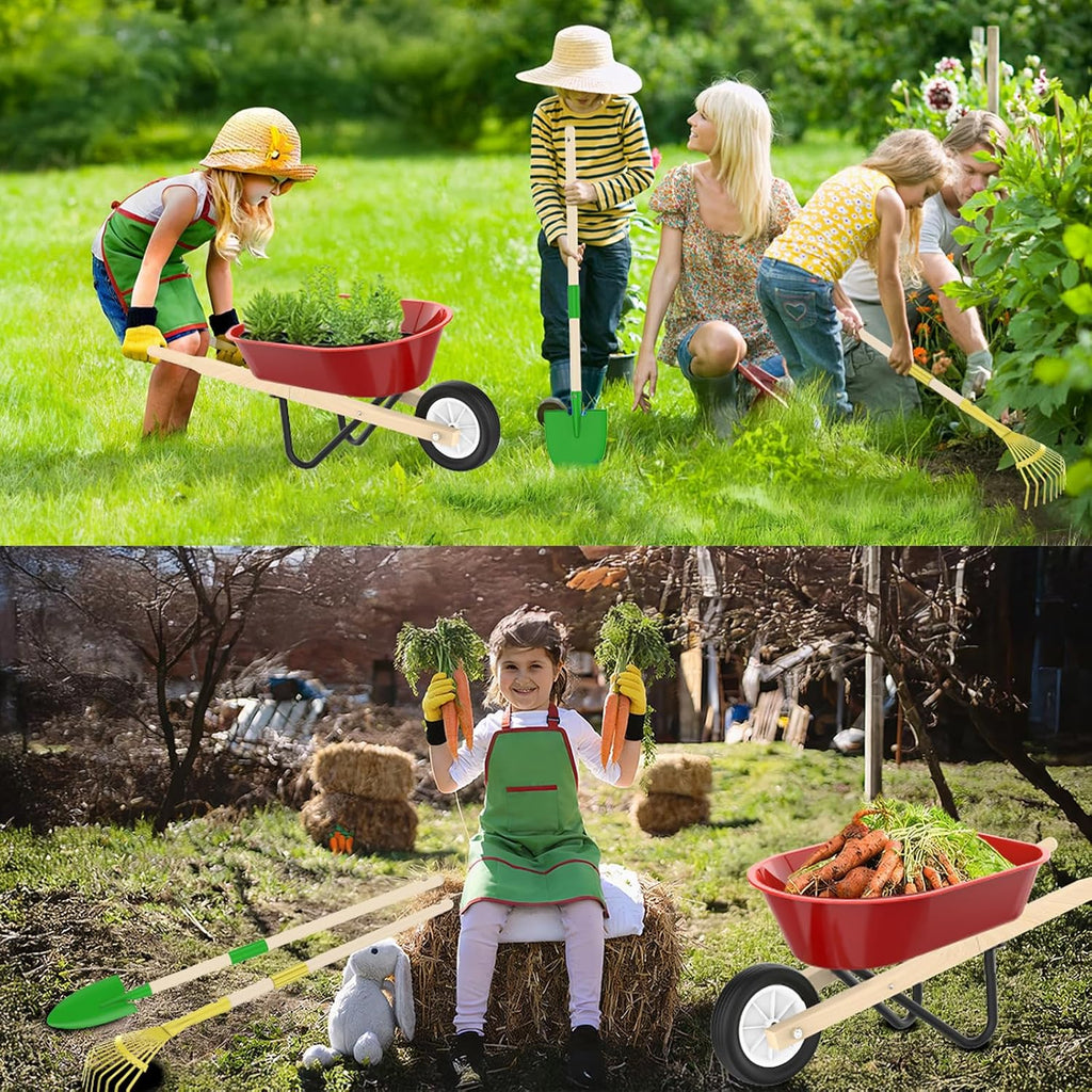 Qtioucp Kids Gardening Wheelbarrow Set, Metal & Wooden Garden Tools for Kids Ages 3-8, Real Wheelbarrows with Apron