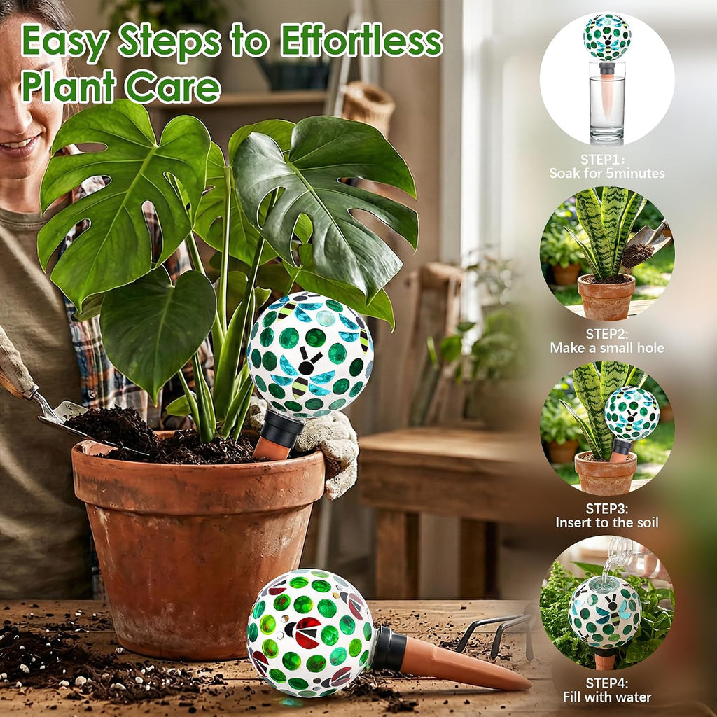 Plant Watering Globes Mosaic Self Watering Spikes 2 Pack | Indoor Outdoor Plants Automatic Terracotta Plant Waterer