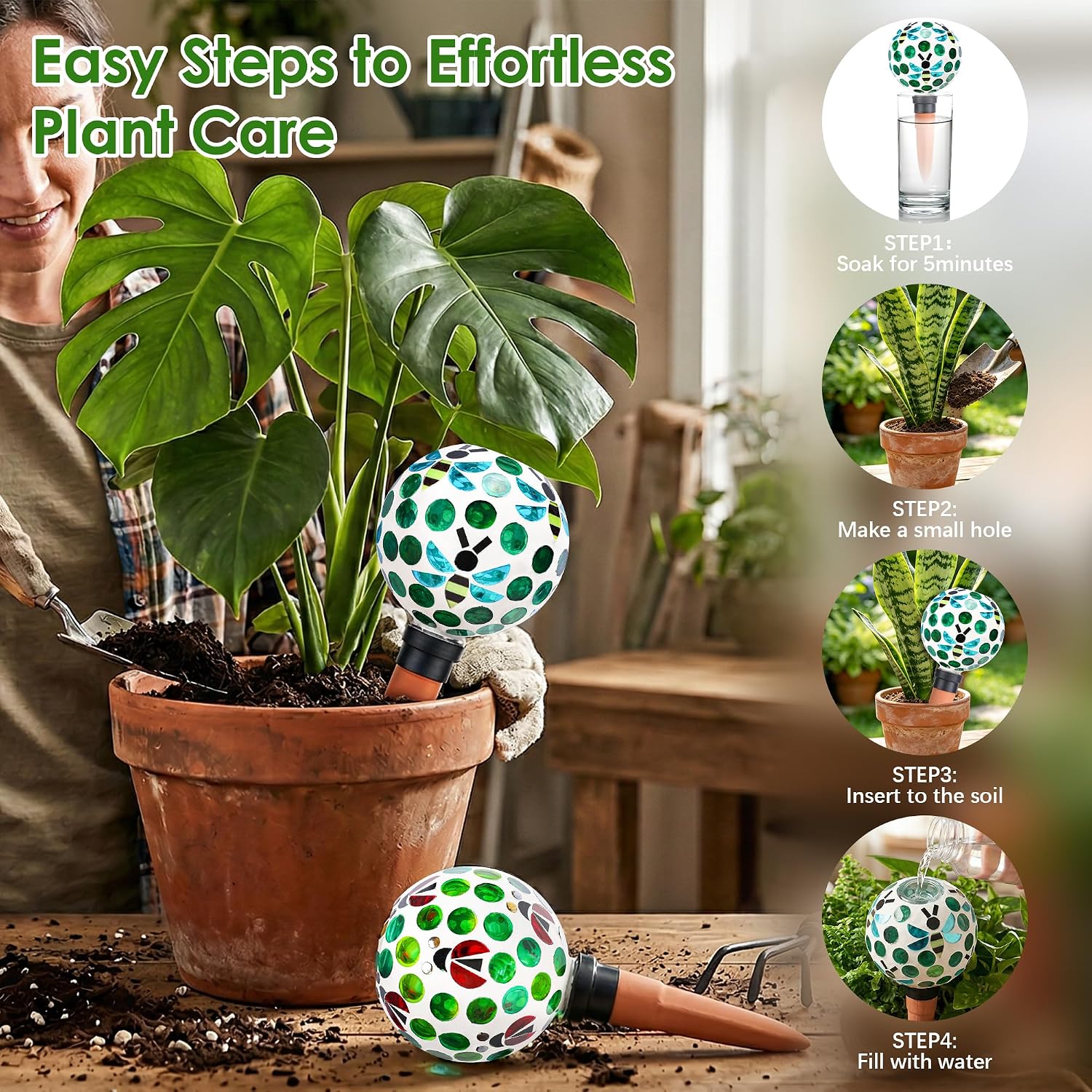 Plant Watering Globes Mosaic Self Watering Spikes 2 Pack | Indoor Outdoor Plants Automatic Terracotta Plant Waterer
