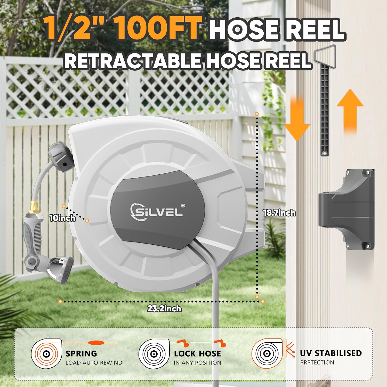Retractable Garden Hose Reel, 1/2" x 100ft Wall Mount Heavy Duty Automatic Hose Reel with 10 Pattern Nozzle, Any Length