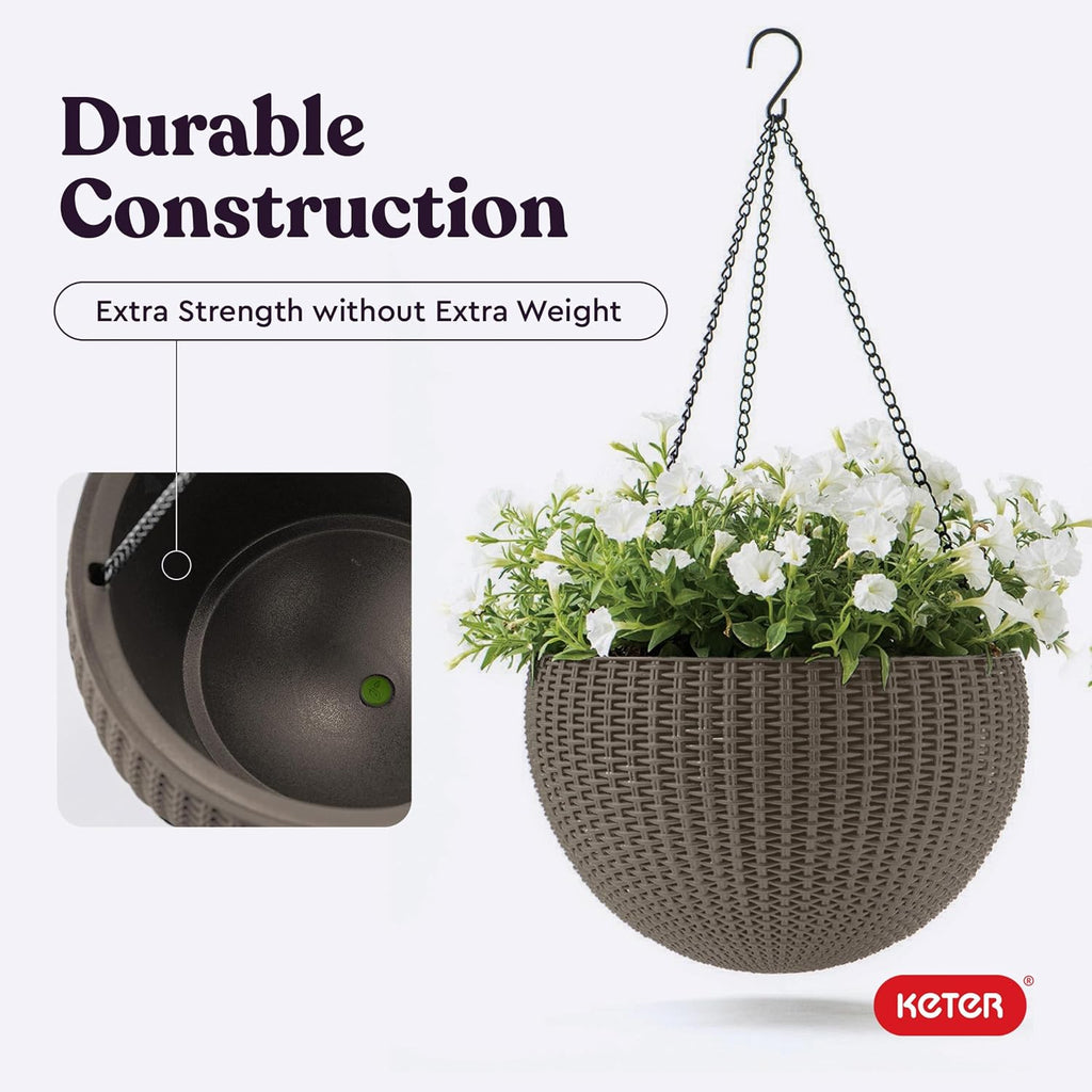 Keter Resin Rattan Set of 2 Round Hanging Planter Baskets for Indoor and Outdoor Plants-Perfect for Porches and Patio