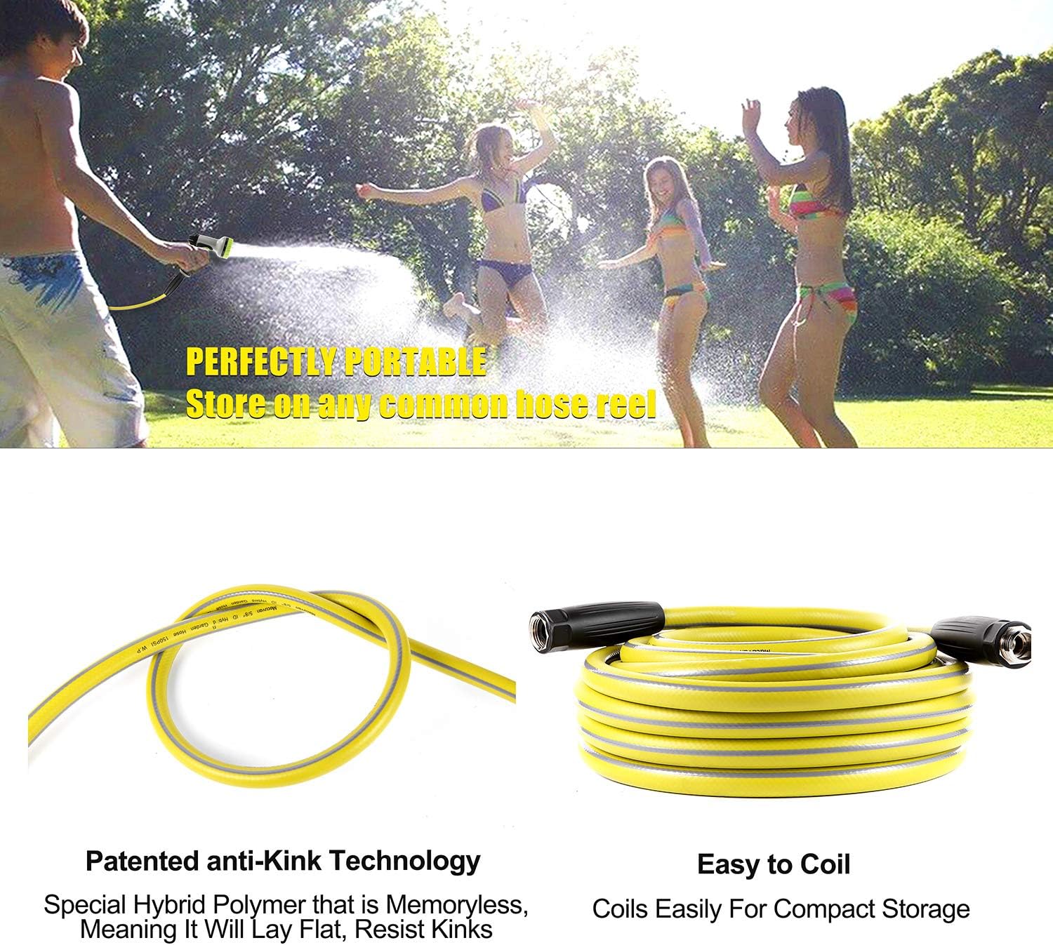Garden Hose 75 ft Heavy Duty - Flexible Water Hose | with 9 Way Spray Nozzle and 4 Layers Hybrid-3/4’’ Nickel Plated