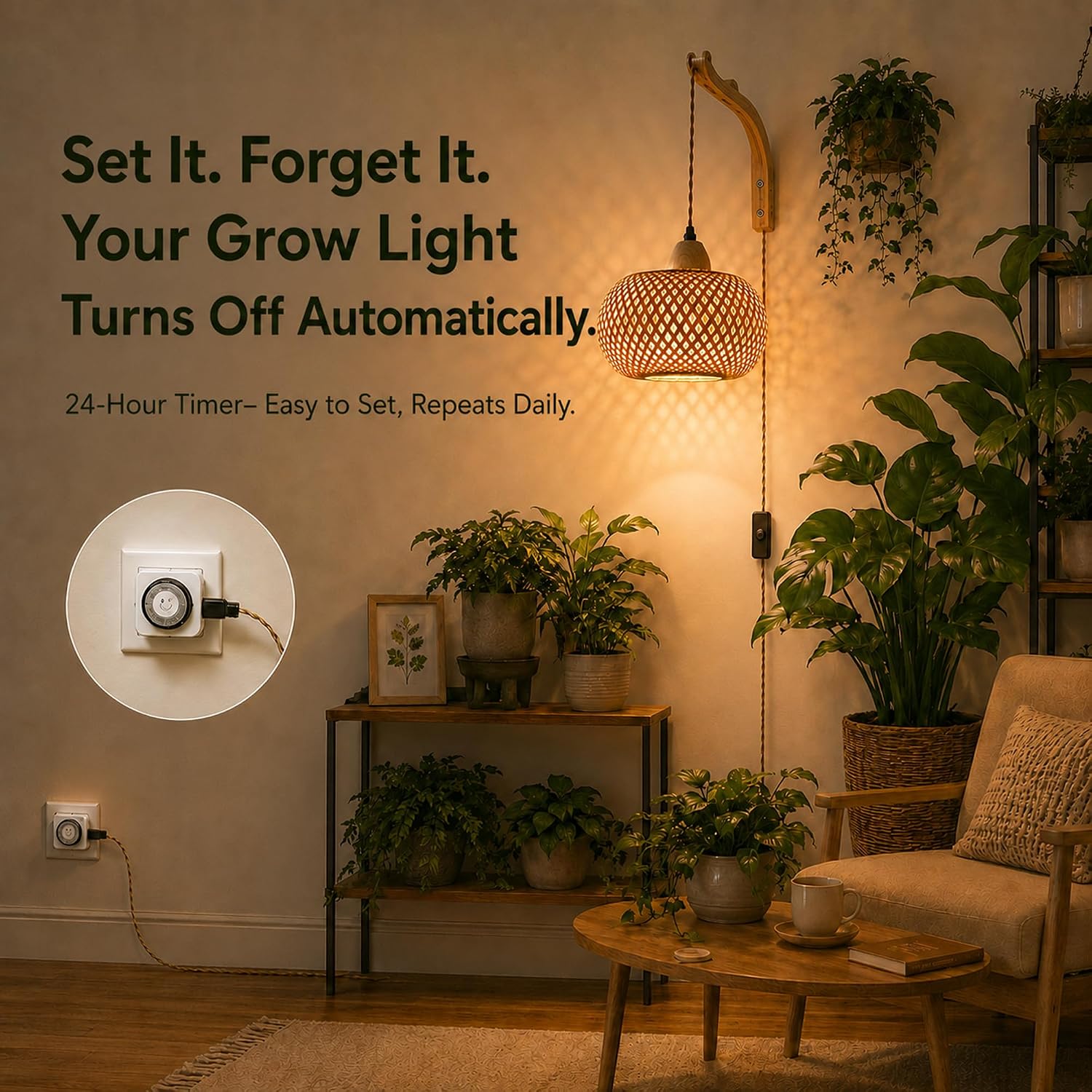 Wall Mounted Grow Lights for Indoor Plants with Timer, Hanging Light | 3500K Full Spectrum Pendant Grow Light, Rattan