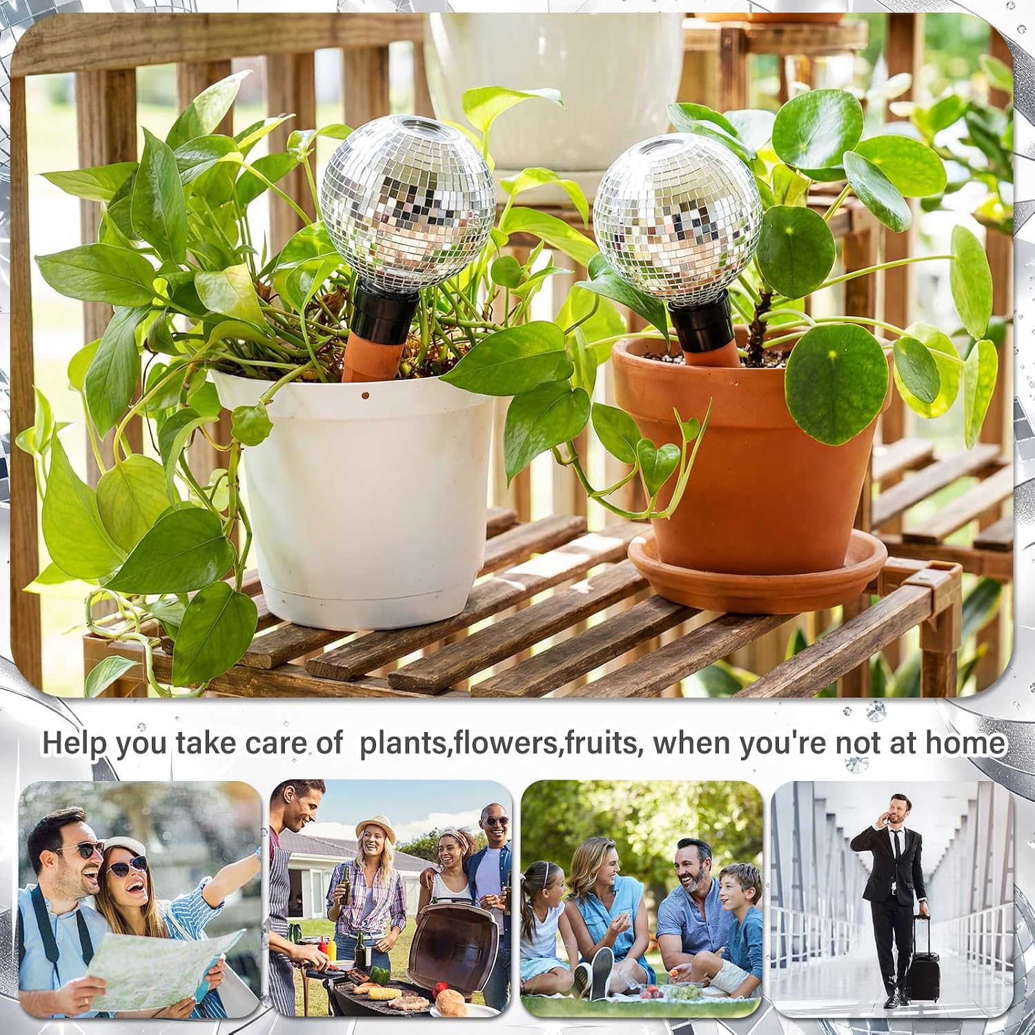 Pangda 2 Pack Disco Self Watering Spikes 15oz Plant Watering Globes with Disco Ball Decor Slow Release Vacation Insert