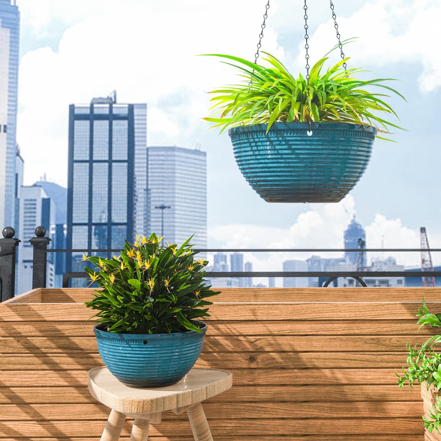 10 Inch Hanging Planters, Glazed Hanging Basket with Drainage Holes, 2 Pack | Ceramic-Look Hanging Flower Pots for