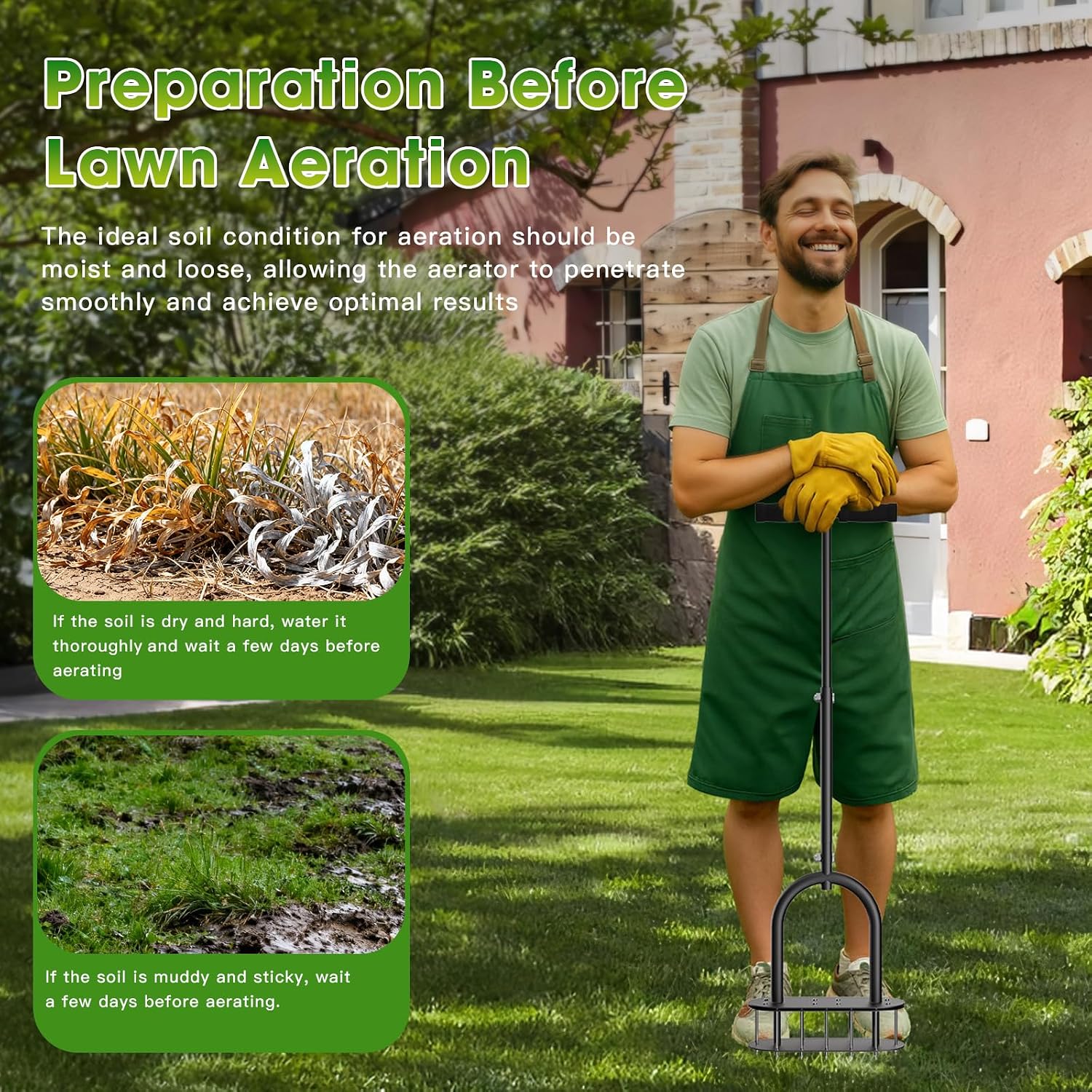 seasky Lawn Aerator, Manual Lawn Aerator Tool with Padded T-Handle, Wide Foot Plate & 15-3 Inch Solid Steel Spikes