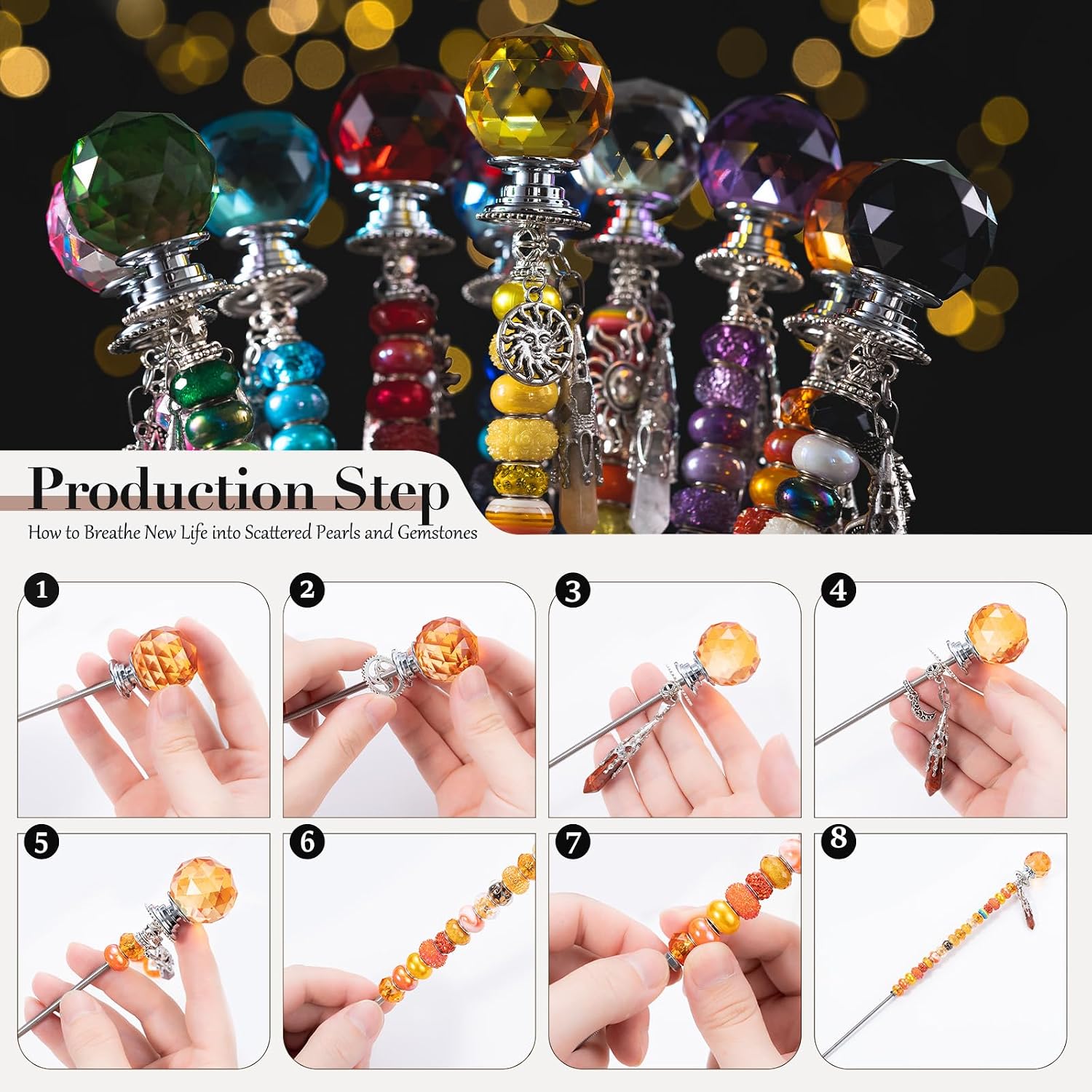 260Pcs DIY Beaded Garden Stakes, Fairy Wand 10-Pack Decorative Kit | Healing Crystal Pendant, 12in Threaded Rods
