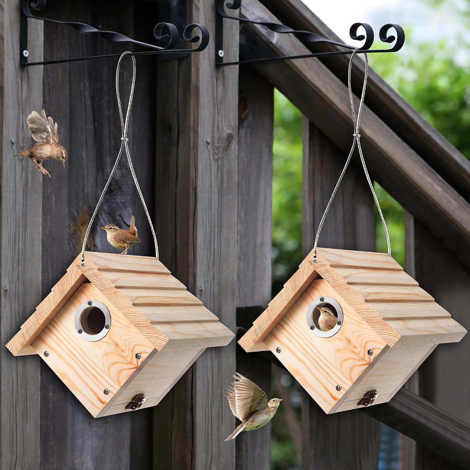 Dreyoo 2 Pack Wren House, 1-1/8'' Entrance Hole Hanging Wooden Wren Bird Houses for Outside with Metal Guard, Air