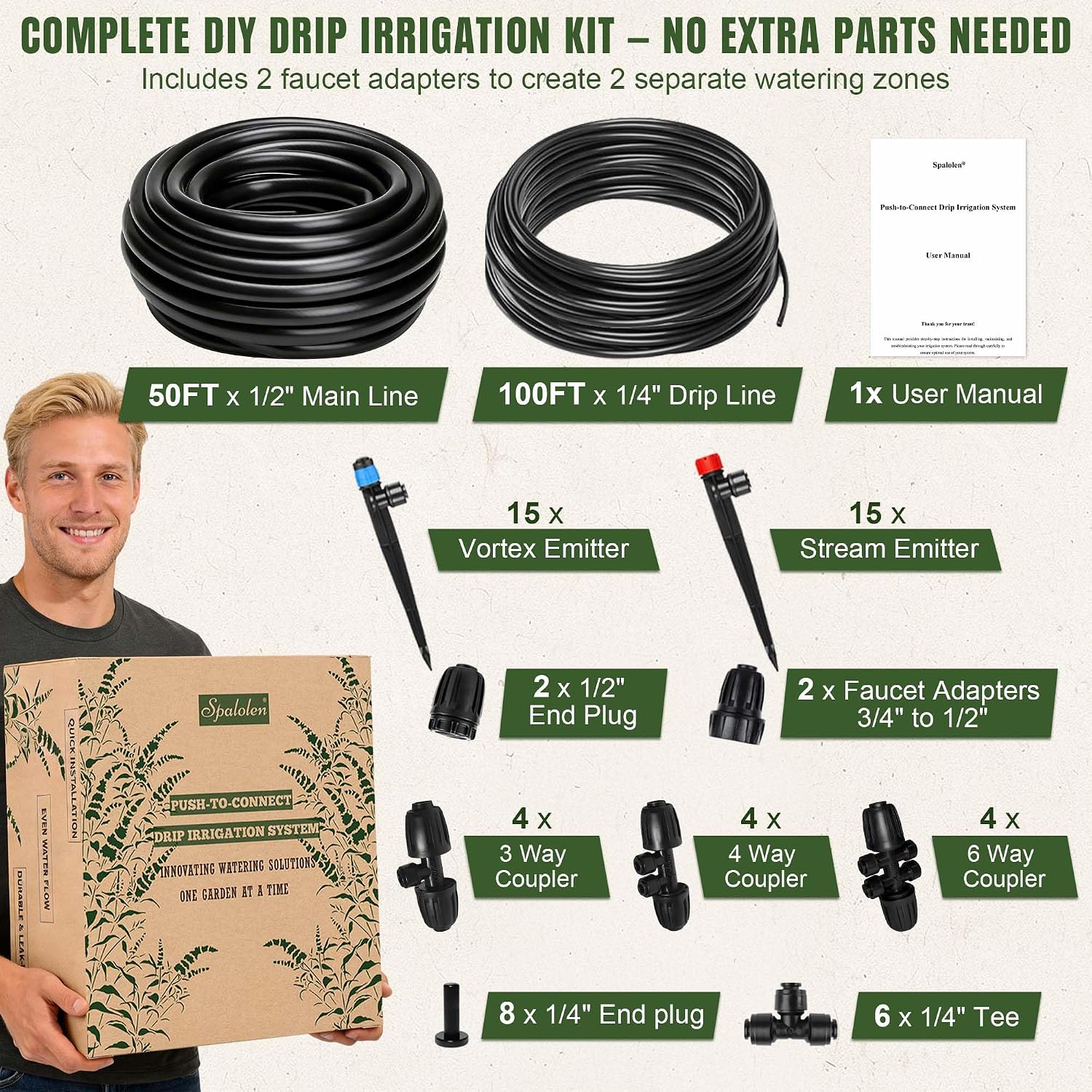 Push-to-Connect Drip Irrigation System Kit, Complete Premium Garden Watering System with 50FT 1/2" Mainline