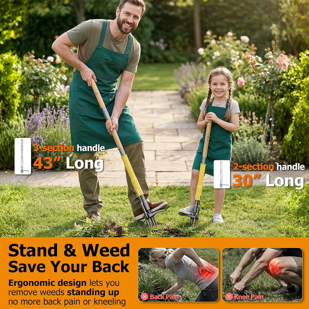 Weed Puller Tool Stand Up with Slide-Release Ejection, Reinforced Steel Weeder with 3-Section Long Handle, No-Touch