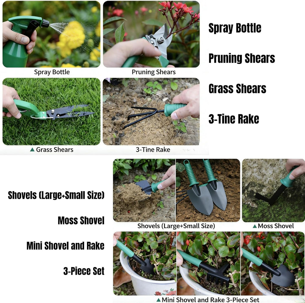 10-Piece Garden Tools Set - Heavy Duty Hand Gardening Kit: Shovel, Pruners, Trowel, Rake for Plant Care, Bonsai