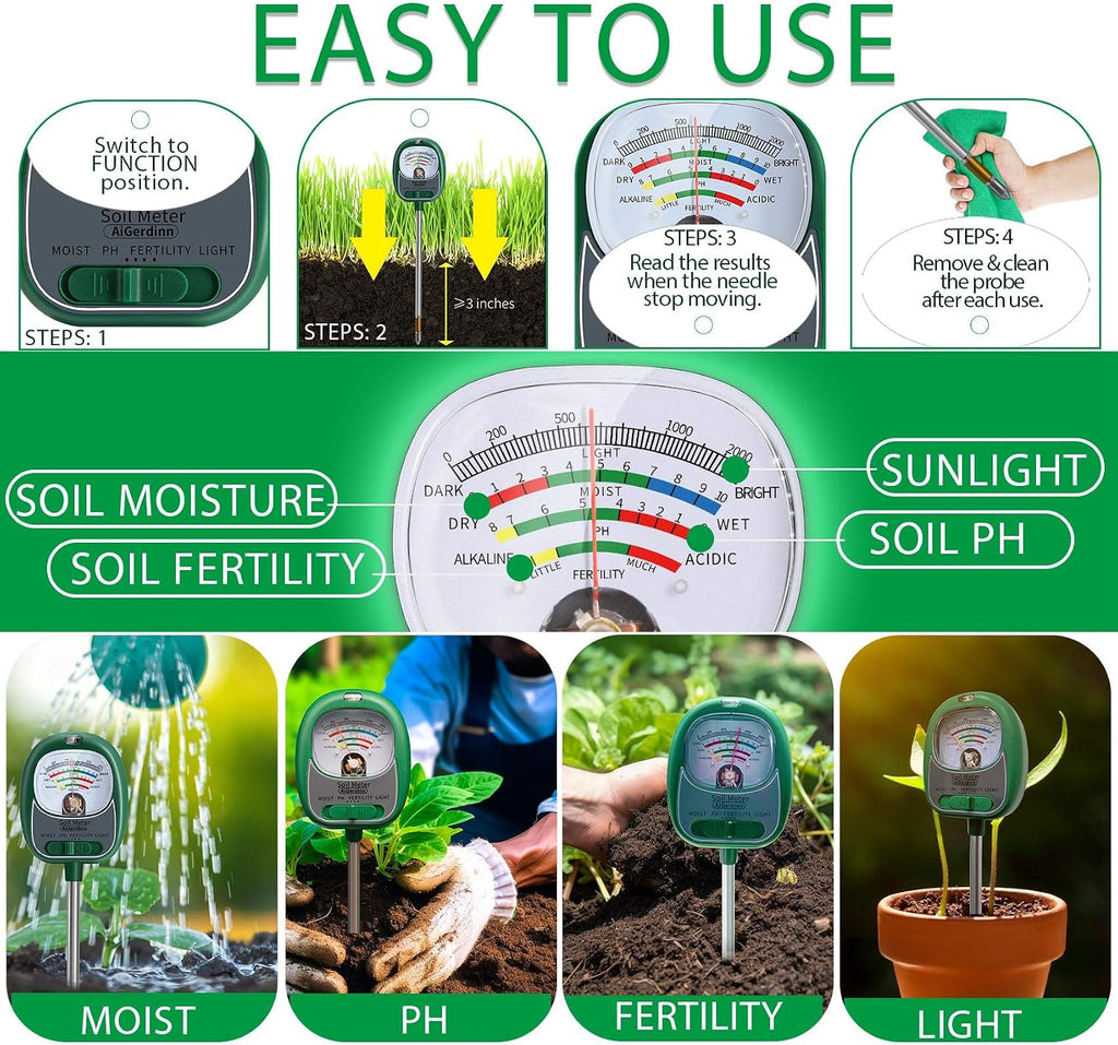 Soil Tester, Soil Moisture Meter/Soil pH Meter/Sun-Light/Fertility for Gardening, Large Dial Soil pH Tester Plant Water