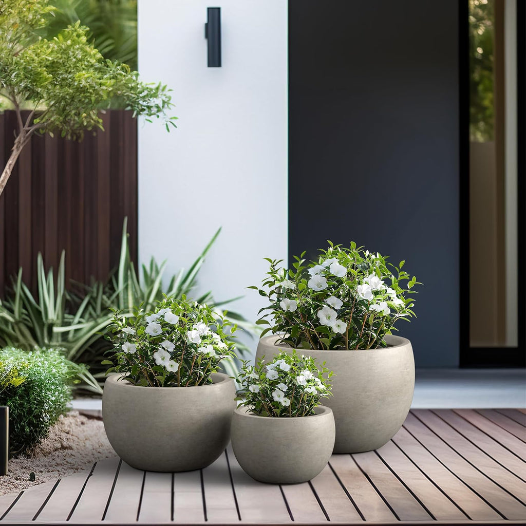 Kante Set of 3 Weathered Concrete Bowl Planters 20" 15.7" 11.8" Dia | Drainage for Outdoor, Rubber Plug for Indoor